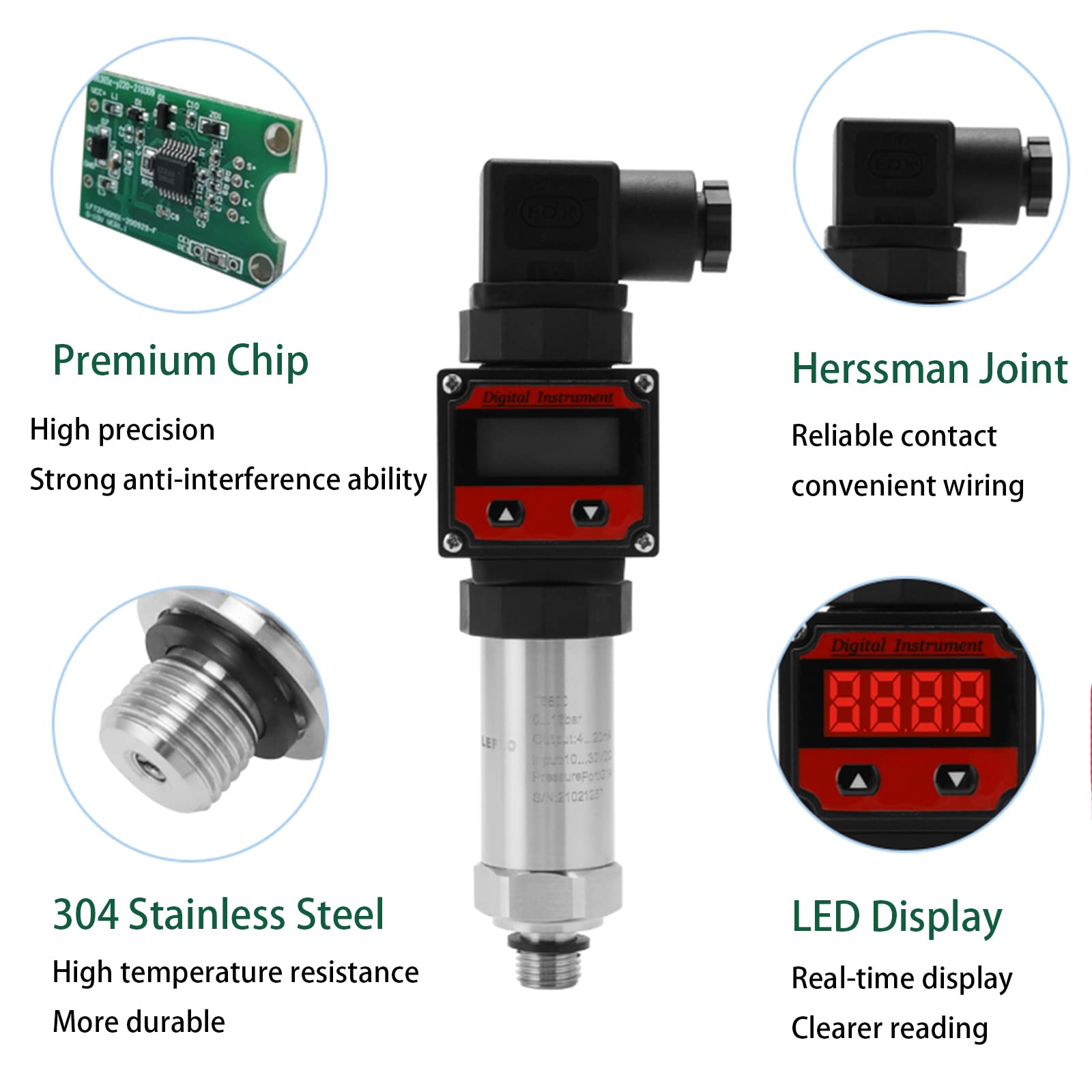 LEFOO 4-20mA Digital Pressure Transmitter with LCD Display - 0-145PSI Range, 12-30VDC Power Supply - Industrial Hydraulic & Pneumatic System Monitoring for Water, Oil & Gas Applications
