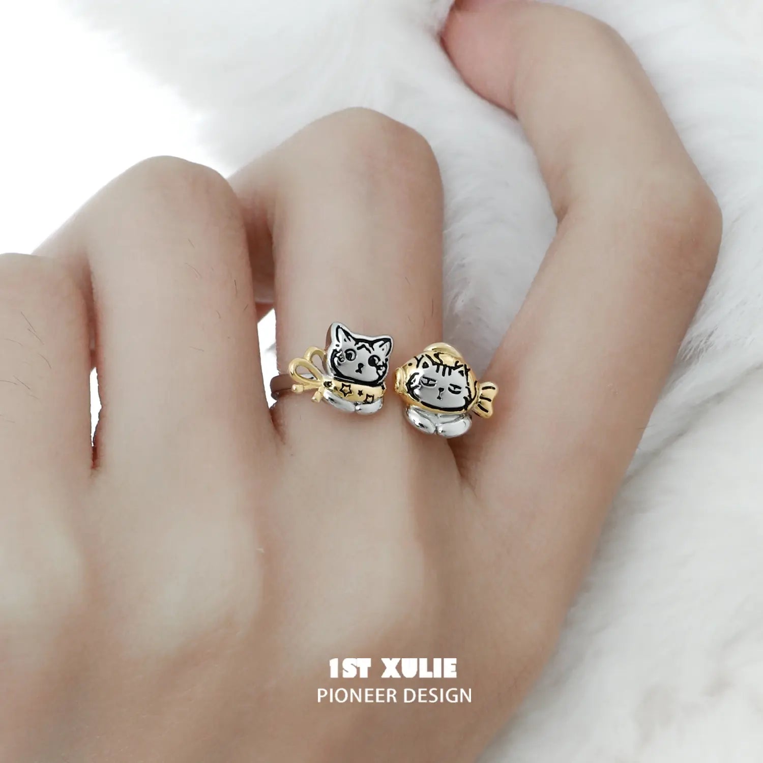 18K Platinum Plated Graffiti Kitten Ring - Trendy Cat Jewelry for Women - Perfect Gift for Cat Lovers, Birthday & Anniversary - Stylish Everyday Wear & Special Occasions