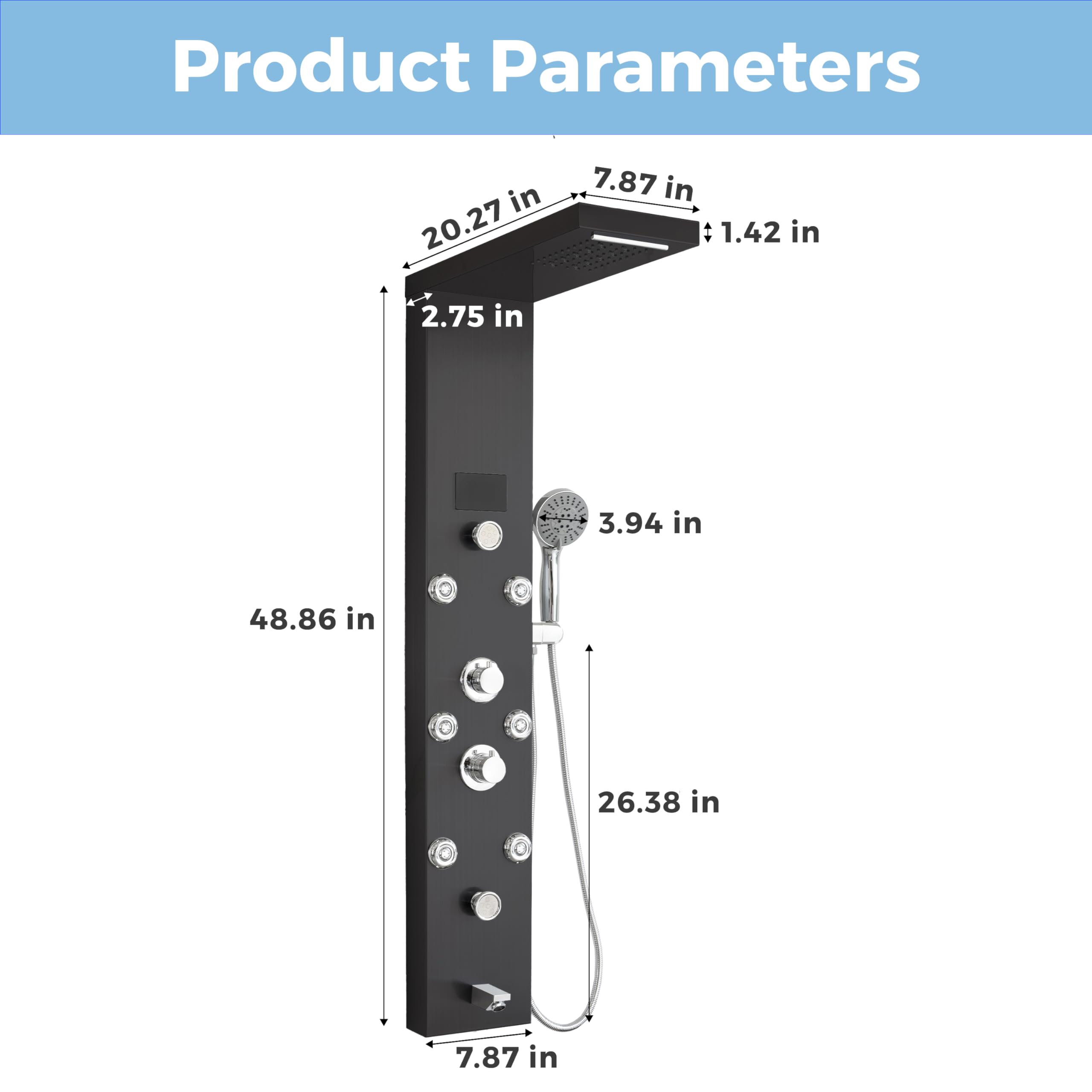 DELAVIN LED Shower Panel - Stainless Steel Shower Tower System with Temperature Display | 5-Function Rainfall, Waterfall, Massage Body Jets, Tub Spout & Handheld Showerhead | Brushed Black Finish for Modern Bathroom Luxury & Spa Experience