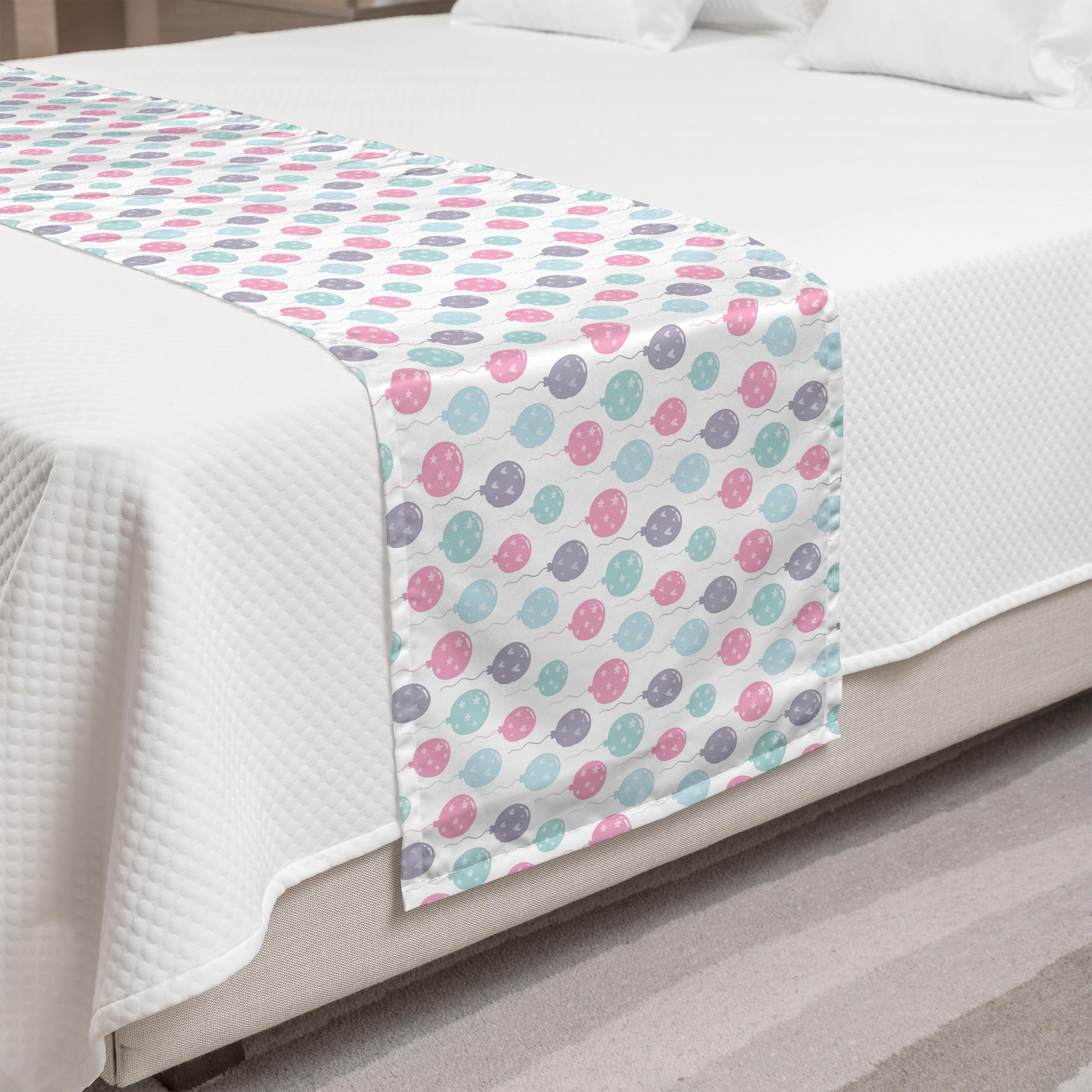 Ambesonne Birthday Party Bed Runner - Continuous Balloons with Hearts Fun Design - Decorative Accent Bedding Scarf for Hotels, Homes & Guest Rooms - Multicolor - Perfect for Birthday Decorations, Bedroom Styling & Special Occasions