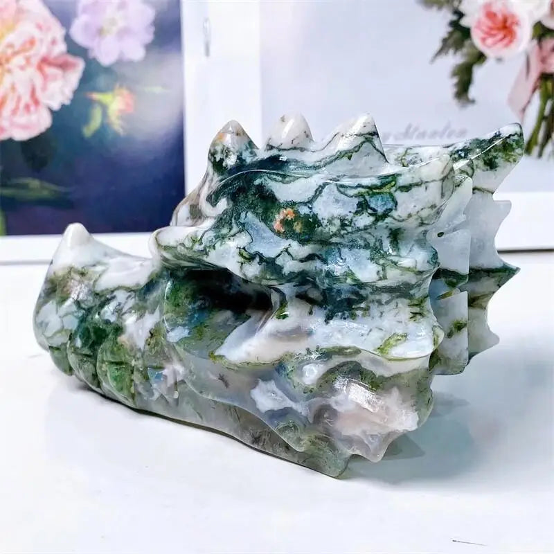 10CM Natural Moss Agate Dragon Skull Carved Crystal Statue - Healing Crystal for Feng Shui, Reiki Energy, Home & Office Decor - Unique Spiritual Gift for Meditation & Yoga Practitioners