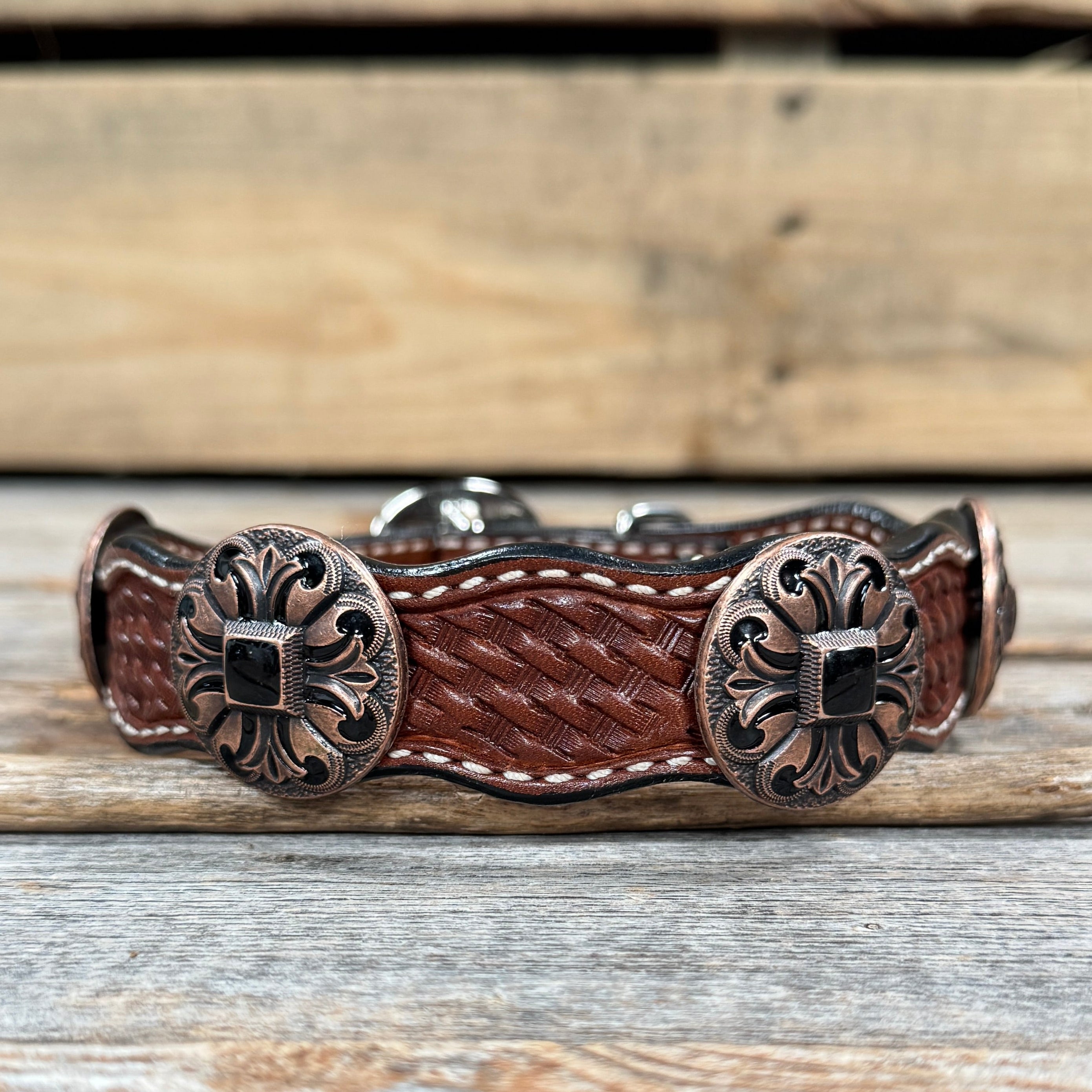 Premium Genuine Leather Dog Collar with Black Fleur De Lis Conchos - Adjustable Size 12
