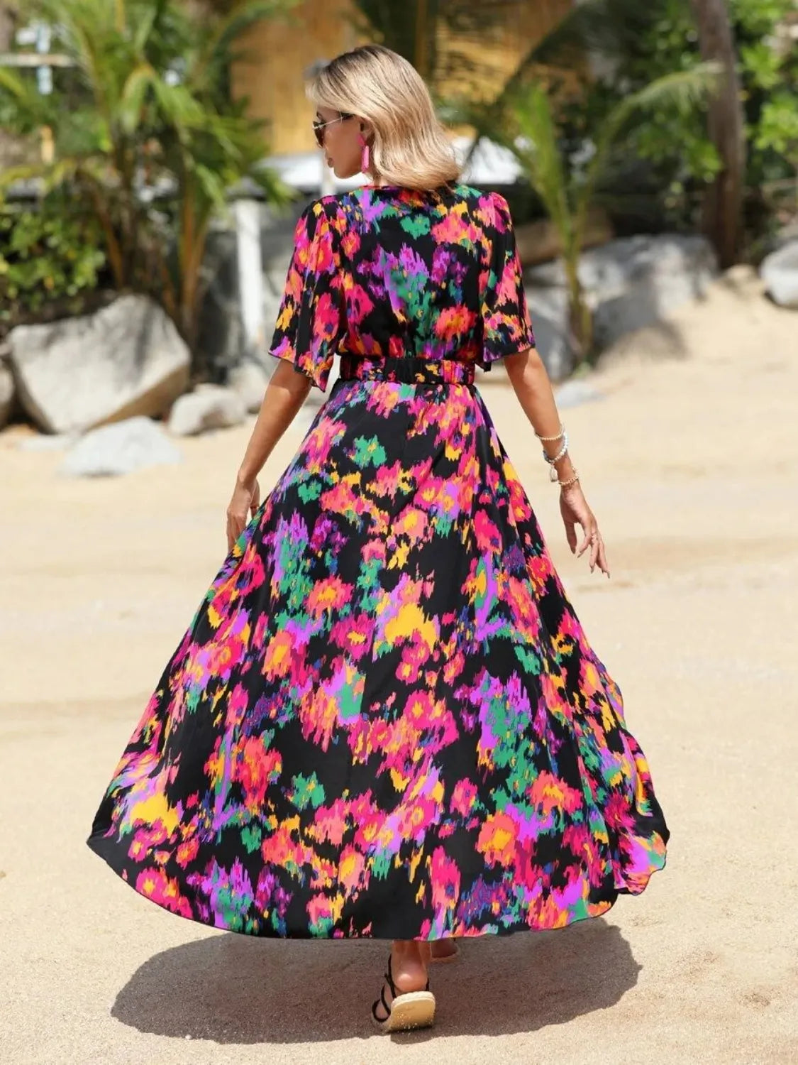 Floral Short Sleeve Summer Maxi Dress for Women - Beach Vacation, Party & Casual Outfit - Lightweight Boho Sundress for Travel, Date Night & Outdoor Events