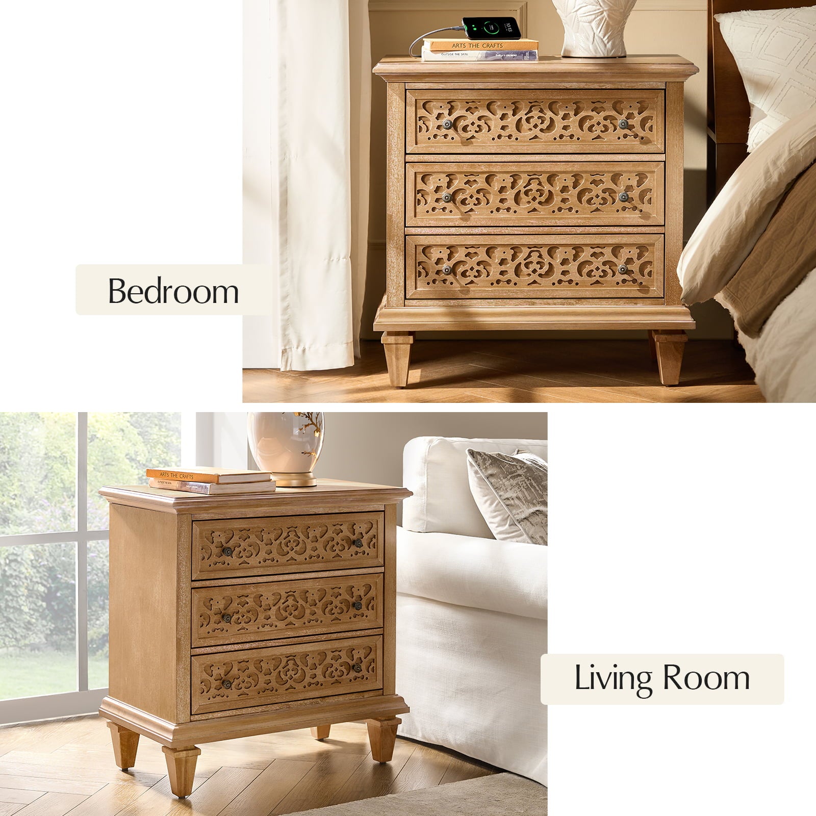 3-Drawer Nightstand with Built-In USB Outlets & Power Strip - Modern Bedside Table for Charging Devices - Perfect for Bedrooms, Guest Rooms & Small Spaces
