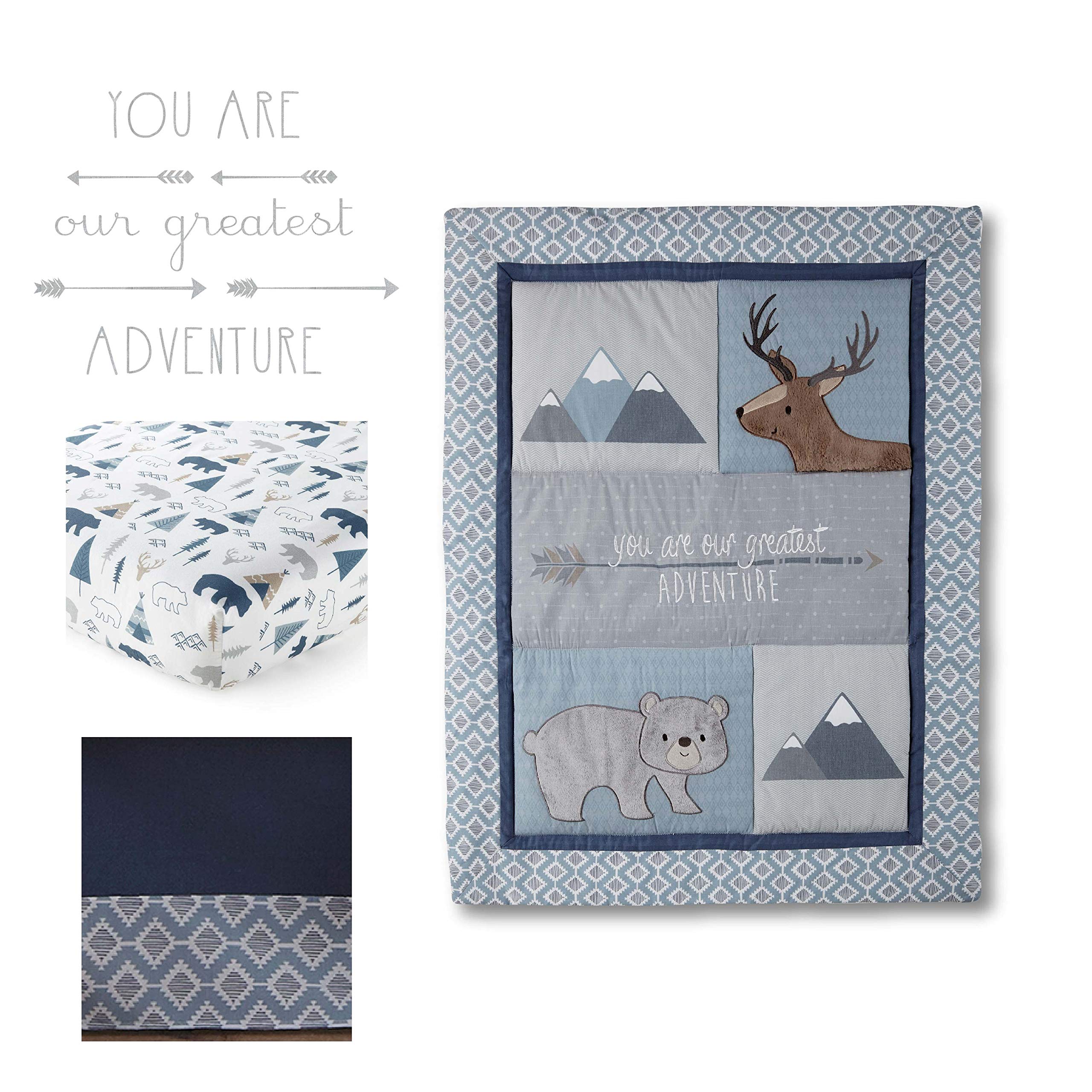 Levtex Baby Emerson 4-Piece Crib Bedding Set - Navy Blue Grey Tan Animal Adventure Nursery Collection - Quilt, Fitted Sheet, Dust Ruffle & Wall Decal for Newborn Infant Bedroom Decor