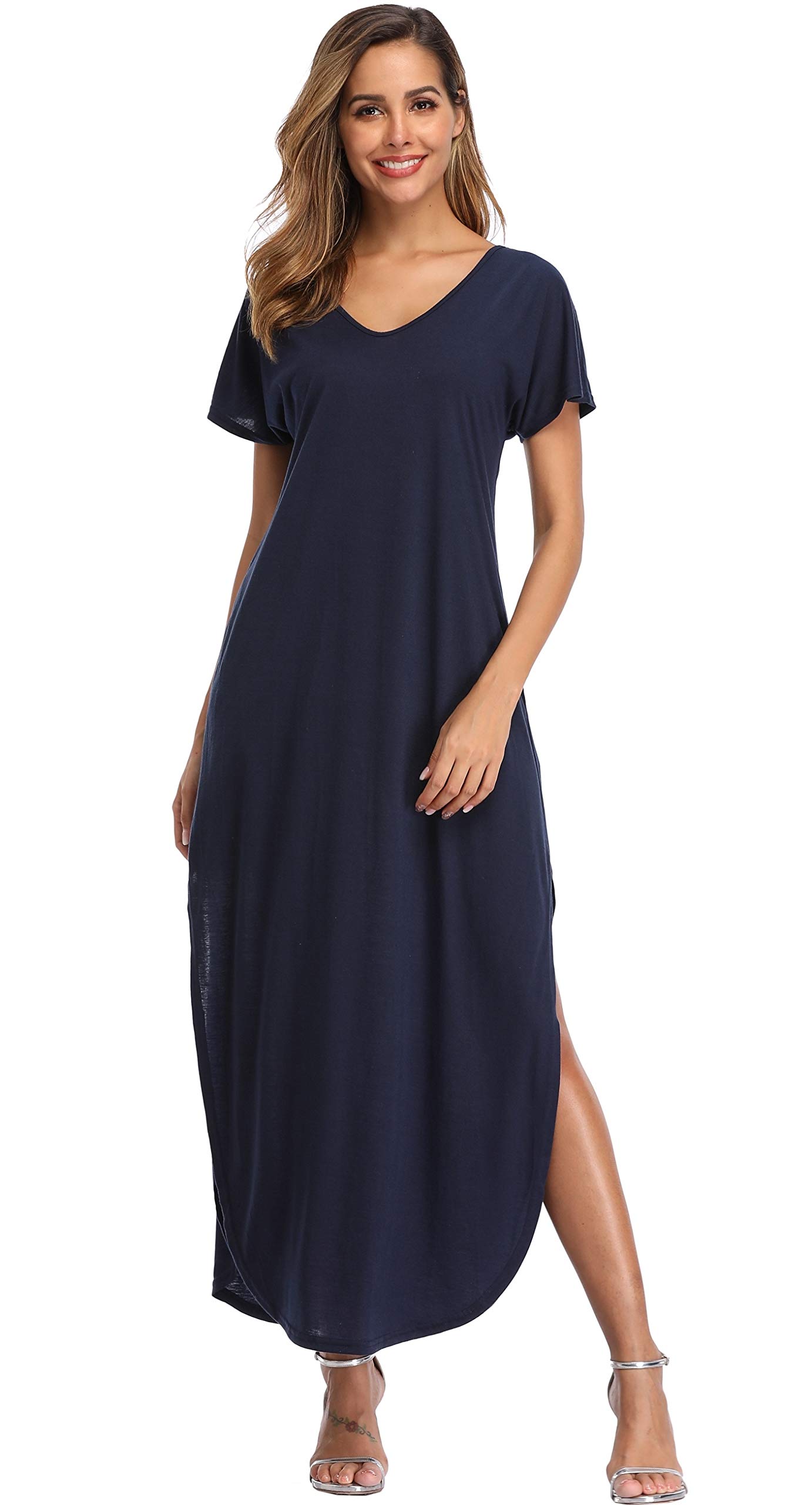 VEW Store Women's Floral Print Maxi Dress - Long Casual Summer Beach Dress with Pockets for Vacation, Party & Outdoor Date Night