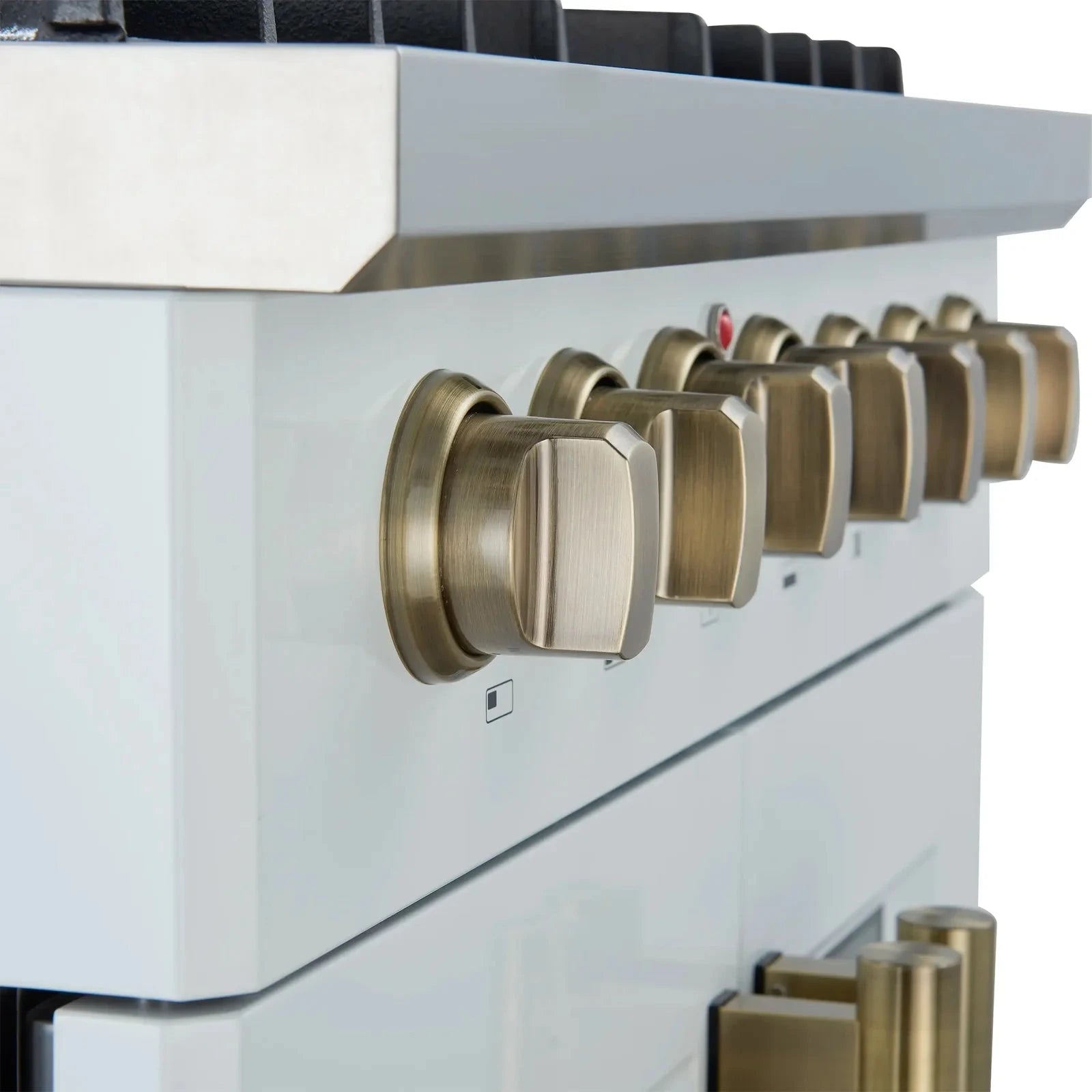 Forno Galiano 30-Inch French Door Dual Fuel Range - 5 Gas Burners & Electric Convection Oven in White with Antique Brass Trim (Model FFSGS6356 30WHT) - Perfect for Gourmet Cooking, Baking, and Entertaining in Modern Kitchens