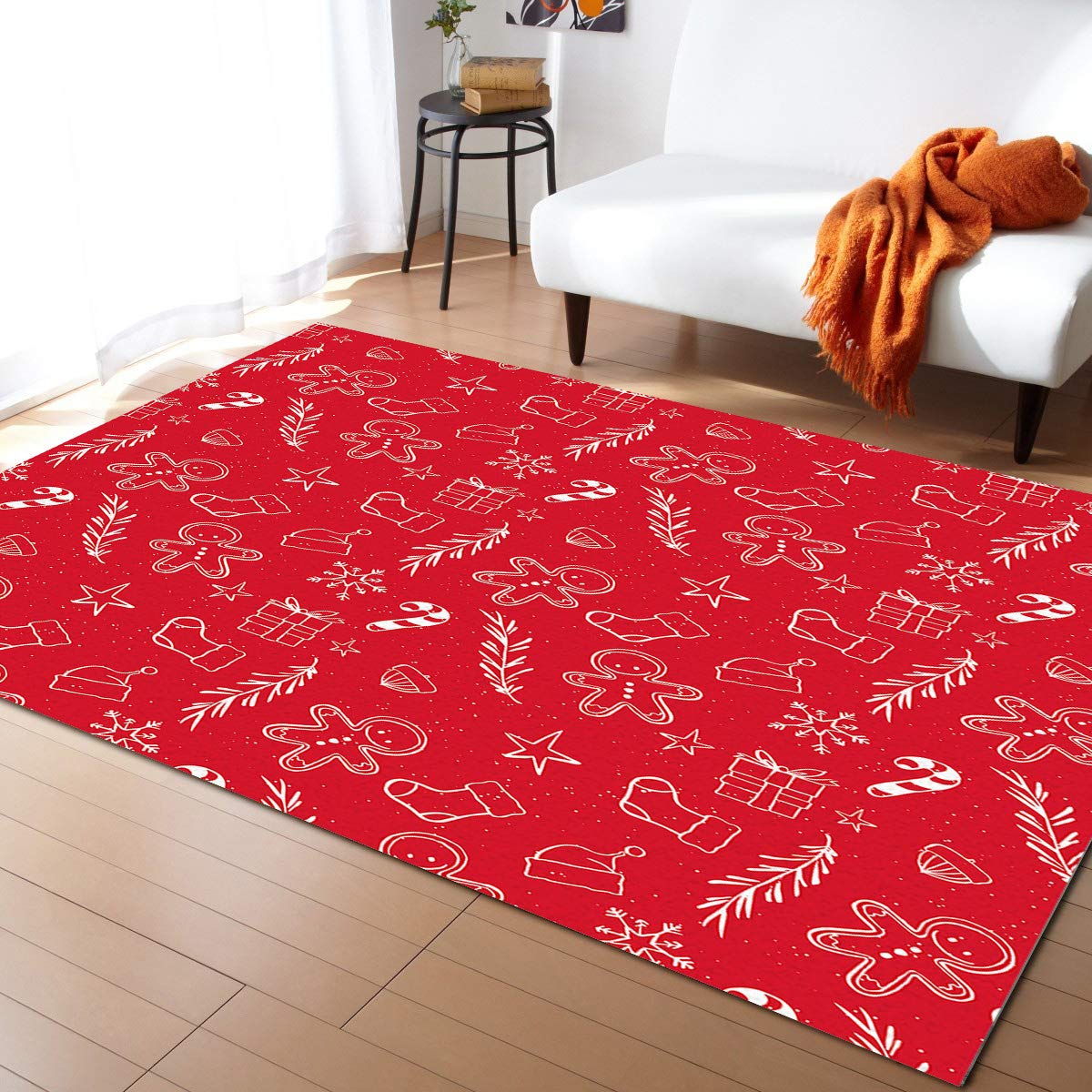 5' x 7' Winter Themed Large Area Rug - Non-Slip Durable Indoor/Outdoor Rug with Gingerbread Man Christmas Design for Bedroom, Living Room, Nursery - Perfect for Holiday Decor, Kids Play Area & Cozy Home Atmosphere