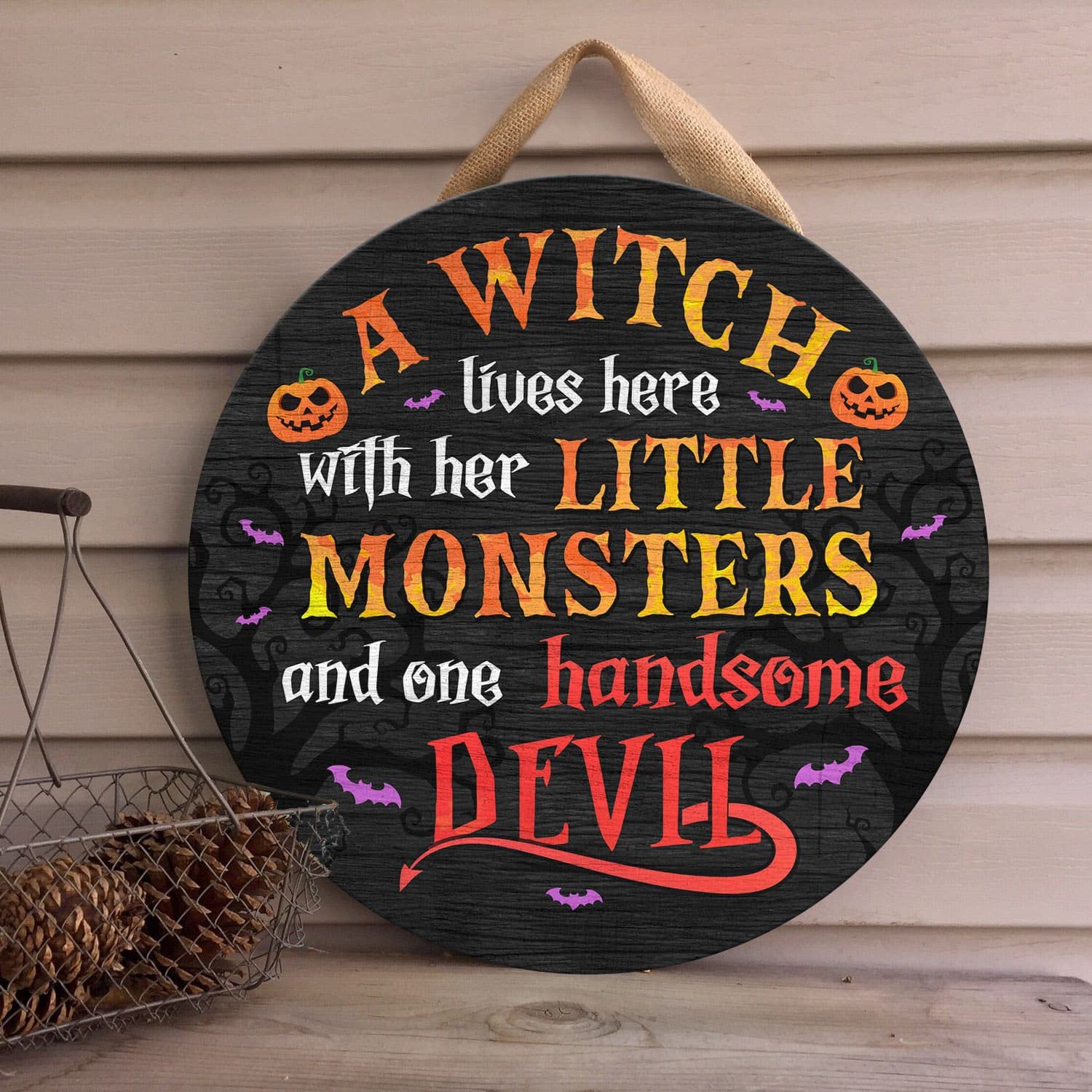 Halloween Wooden Door Sign - 'A Witch Lives Here with Her Little Monsters and One Handsome Devil' - 12 Inch Front Door Hanger for Spooky Home Decor, Perfect for Halloween Party & Haunted House Entryway