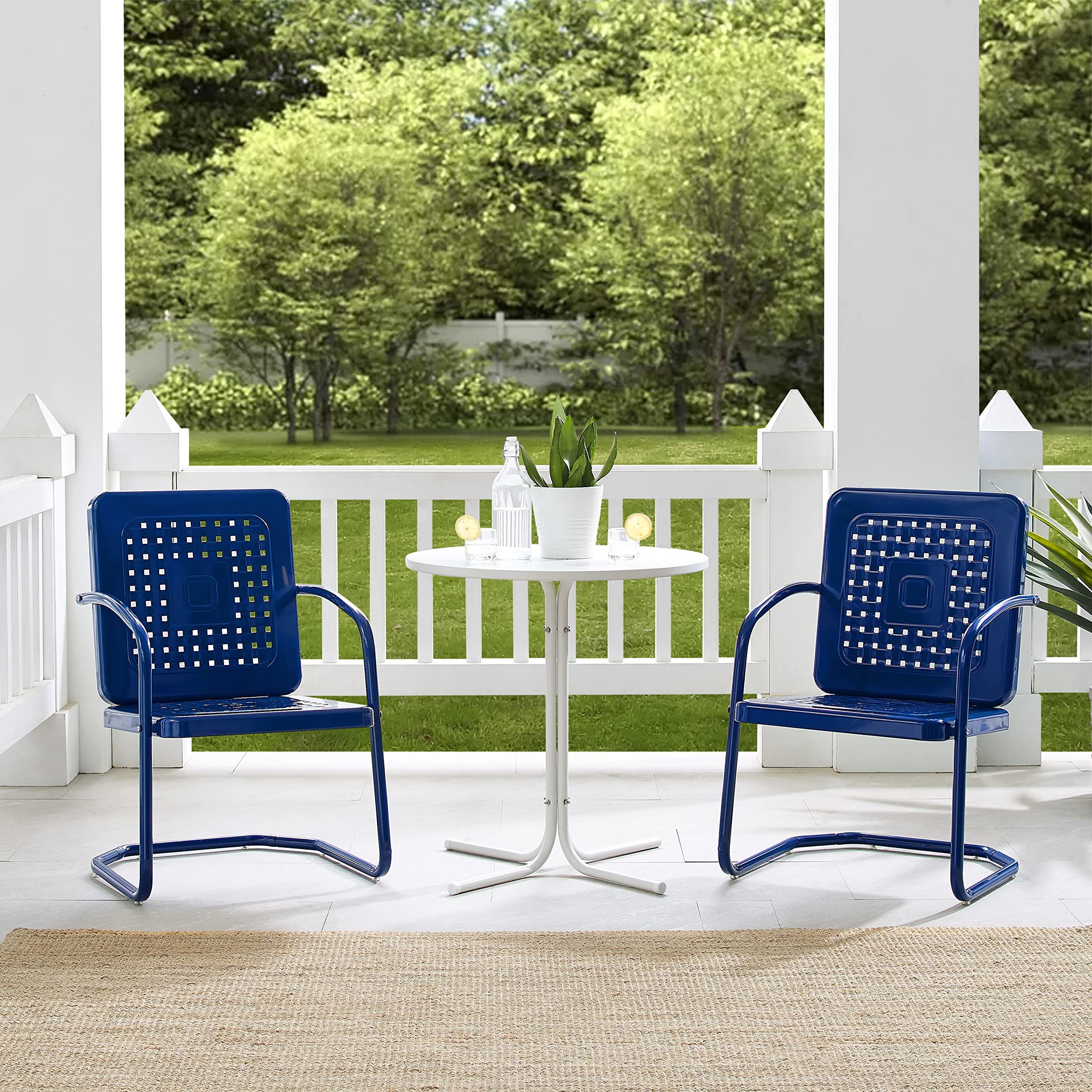 Crosley Furniture Bates 3-Piece Outdoor Bistro Set - Retro Metal Patio Table and Chairs for Dining, Porch, Garden, Backyard - Navy Gloss Finish - Perfect for Small Spaces, Balcony Decor & Outdoor Entertaining