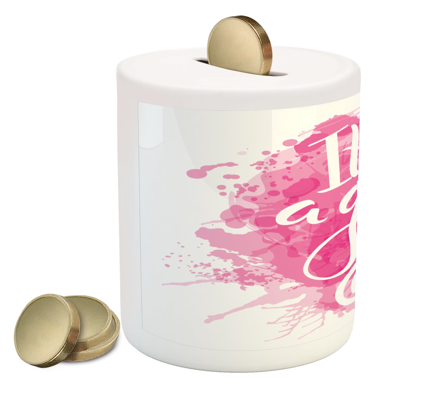 Ambesonne Gender Reveal Piggy Bank - 'It's a Girl' Brushstroke Design Ceramic Coin Bank for Baby Shower Gifts & Cash Savings | Pink & White Money Box for Newborn Celebrations & Family Keepsakes