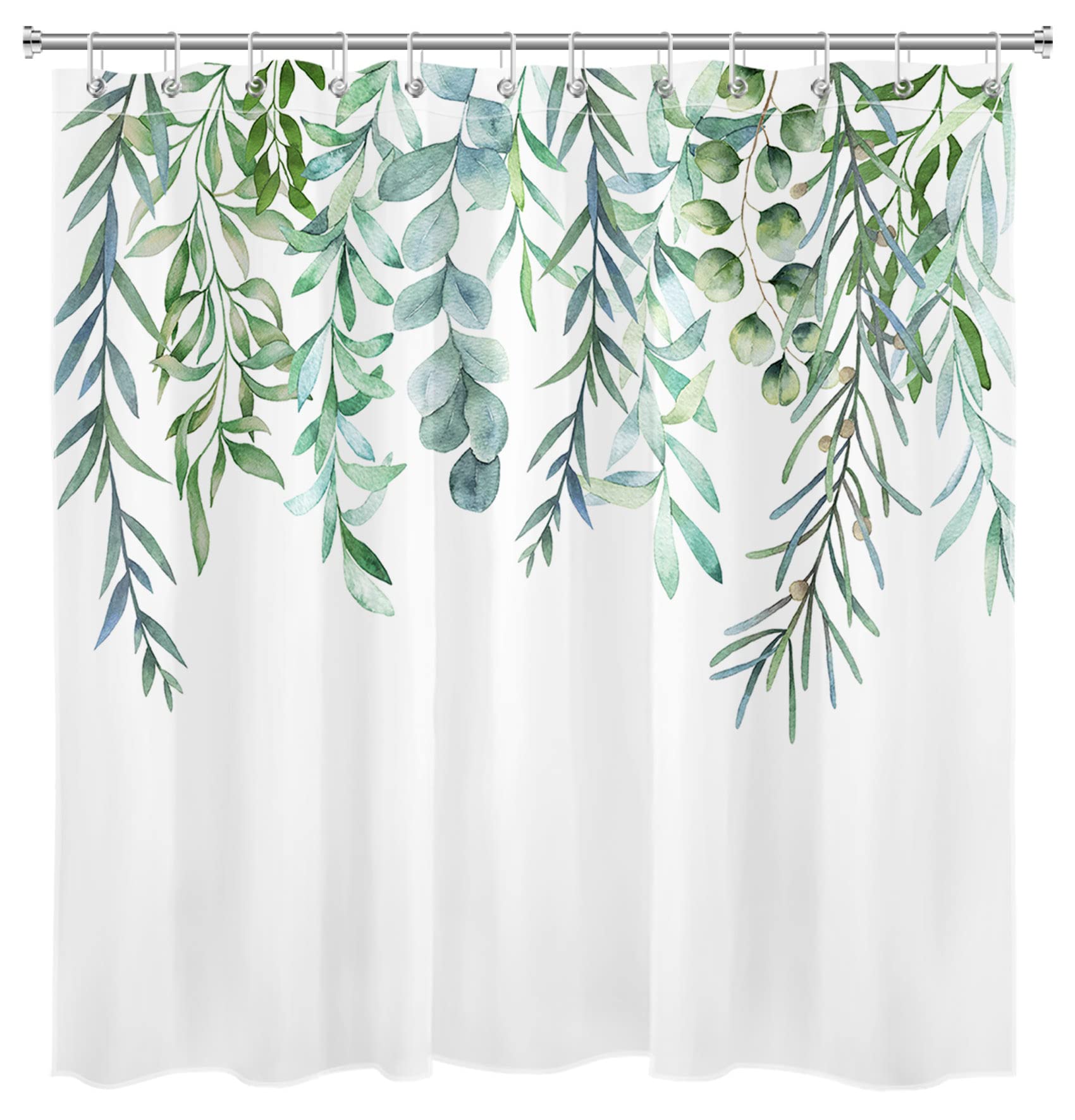 HVEST Green Leaf Shower Curtain - Watercolor Eucalyptus Leaves Botanical Bathroom Decor with Hooks, Minimalist Style Polyester Fabric (72x78 Inches) for Spa-Like Bathroom Retreat | Eco-Friendly & Durable
