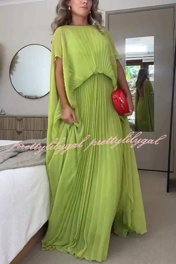 Spring Whispers Chiffon Pleated Wide Sleeve Volume Maxi Dress | Flowy Elegant Long Dress for Women | Perfect for Weddings, Parties & Summer Vacations