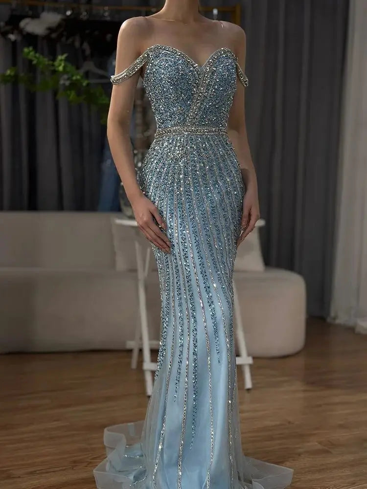 Elegant Dubai Blue Beaded Mermaid Prom Dress - Luxury Saudi Evening Gown for Formal Events & Special Occasions | Perfect for Weddings, Galas, and Red Carpet Events
