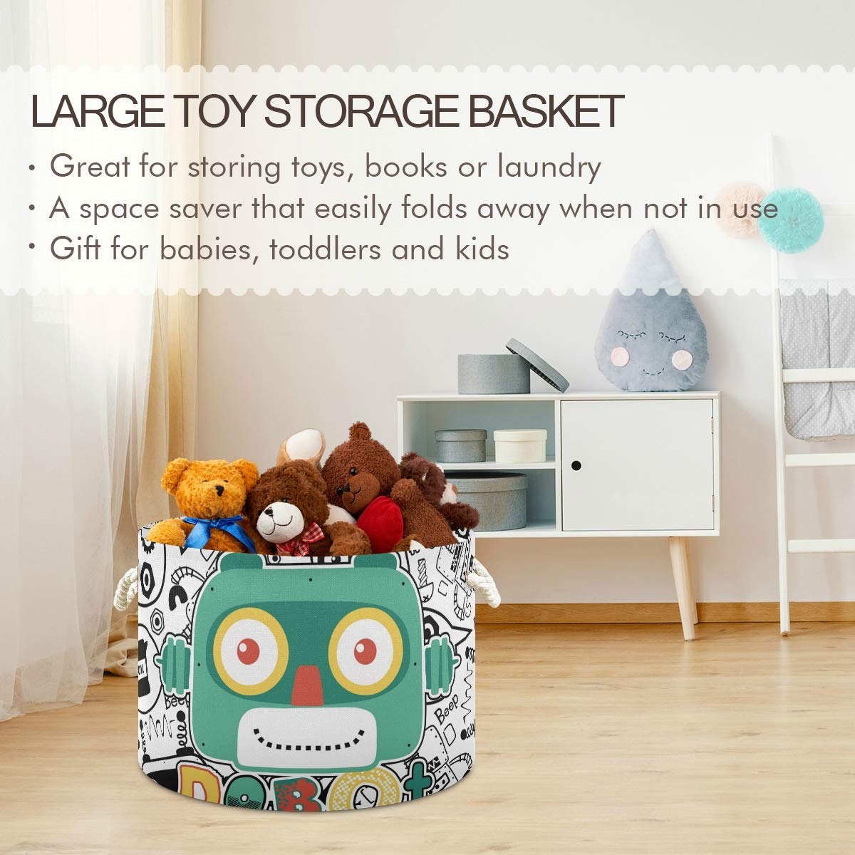 Collapsible Round Storage Basket - Fabric Toy Organizer & Laundry Hamper with Drawstrings | Cute Robot Head Design for Kids' Room, Nursery, Playroom & Closet Organization