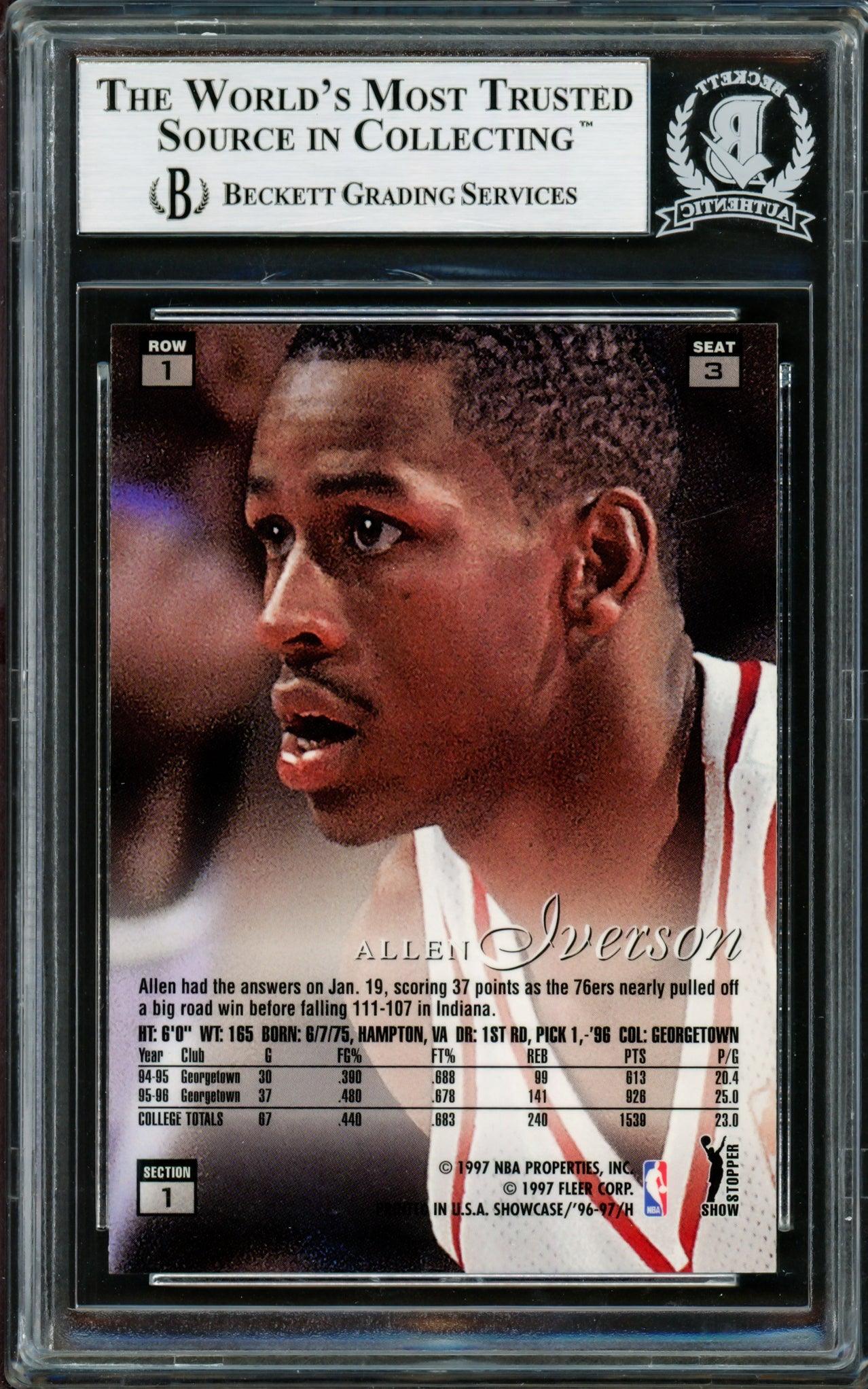 Allen Iverson Autographed 1996-97 Flair Showcase Row 1 Rookie Card #3 - Philadelphia 76ers NBA Collectible - Beckett BAS Certified #14134142 - Perfect for Sports Memorabilia Collections and Fan Displays