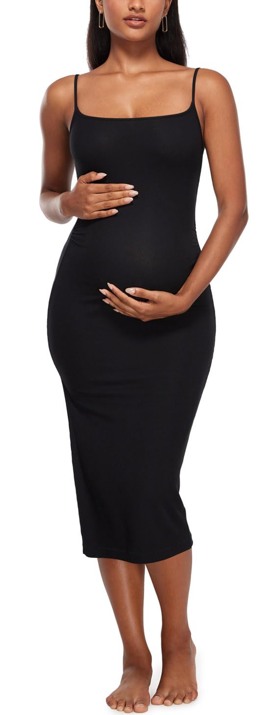 MOMANDA Women's Maternity Dress - Ribbed Spaghetti Strap Bodycon Dress with Square Neck for Pregnancy & Nursing | Perfect for Baby Showers, Maternity Photos & Special Occasions