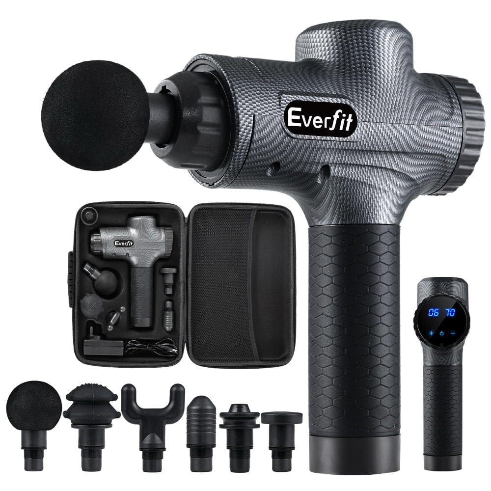 Everfit Deep Tissue Massage Gun - 30 Speed Levels & 6 Interchangeable Heads - Rechargeable Percussion Muscle Massager for Pain Relief & Recovery (Grey) - Perfect for Athletes, Gym Lovers & Home Use
