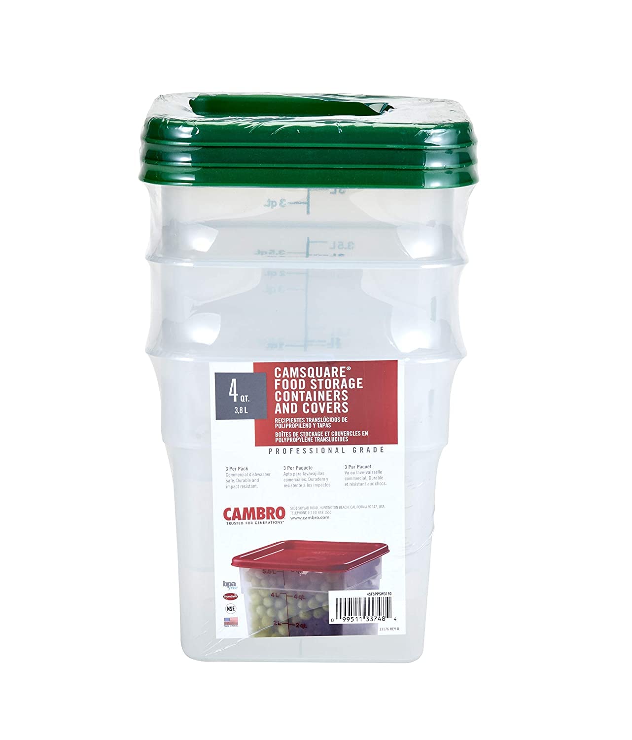 Cambro 4SFSPPSW3190 Set of 3 Square Food Storage Containers with Lids - 4 Quart (Case of 13) - Perfect for Meal Prep, Restaurant Storage & Bulk Food Organization