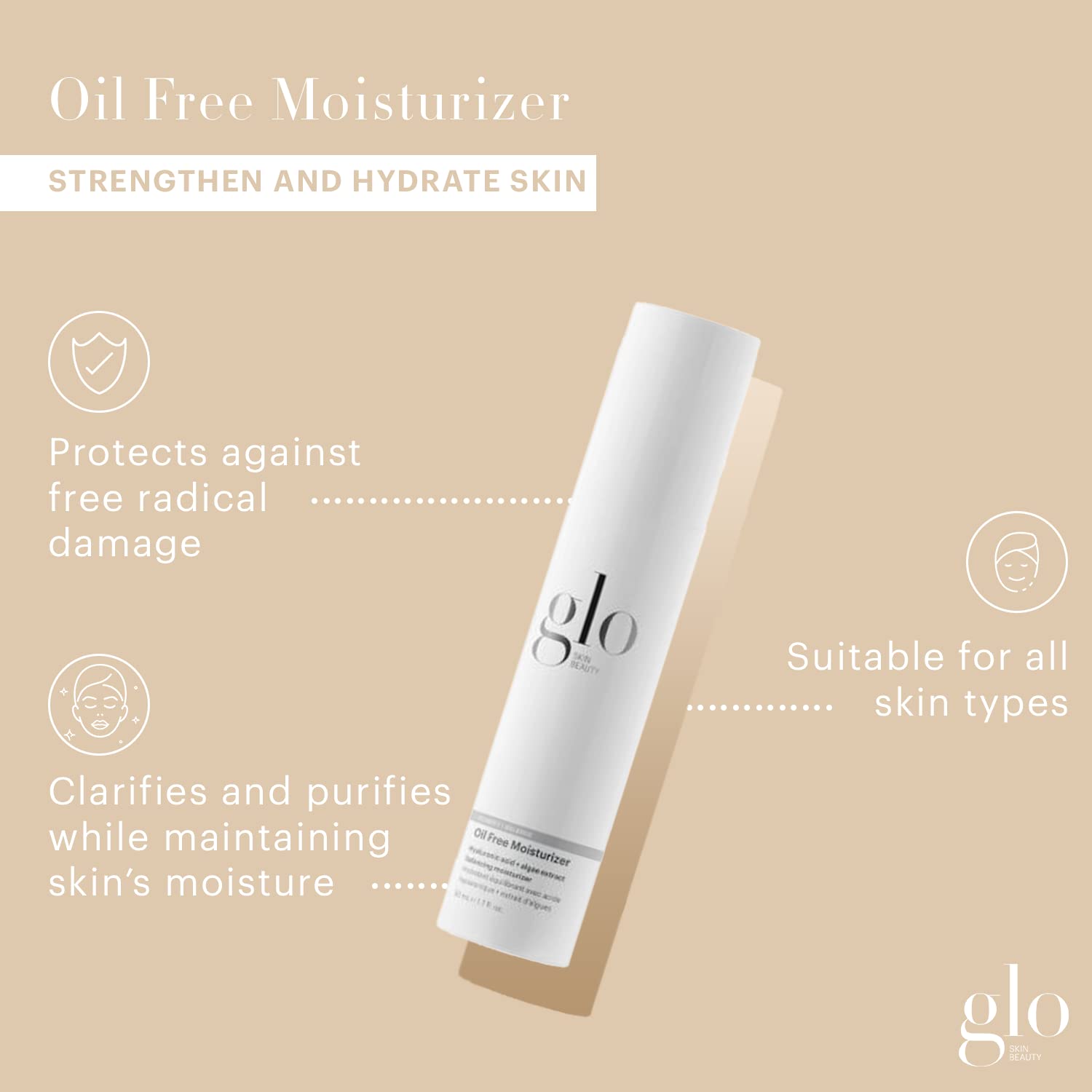 Glo Skin Beauty Oil Free Moisturizer - Lightweight Hyaluronic Acid & Algae Extract Face Cream for Balanced, Hydrated & Clear Skin | Daily Use for Dry, Oily & Combination Skin Types