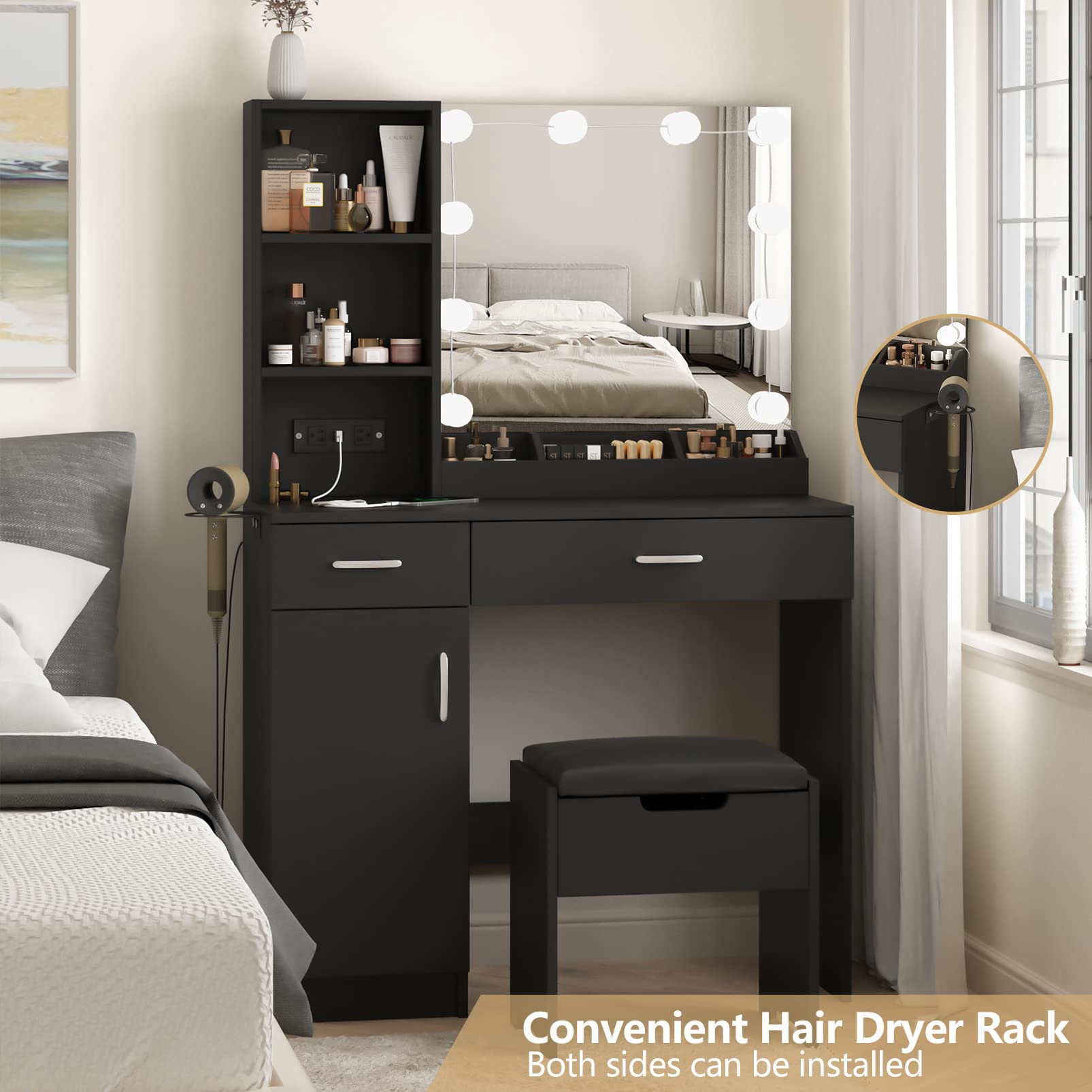 Fameill Black Makeup Vanity Desk with LED Lighted Mirror & Power Strip, 2-Drawer Vanity Table Set with Storage, 3 Adjustable Lighting Colors, 35.4 Inch - Perfect for Bedroom, Dressing Room & Home Beauty Station