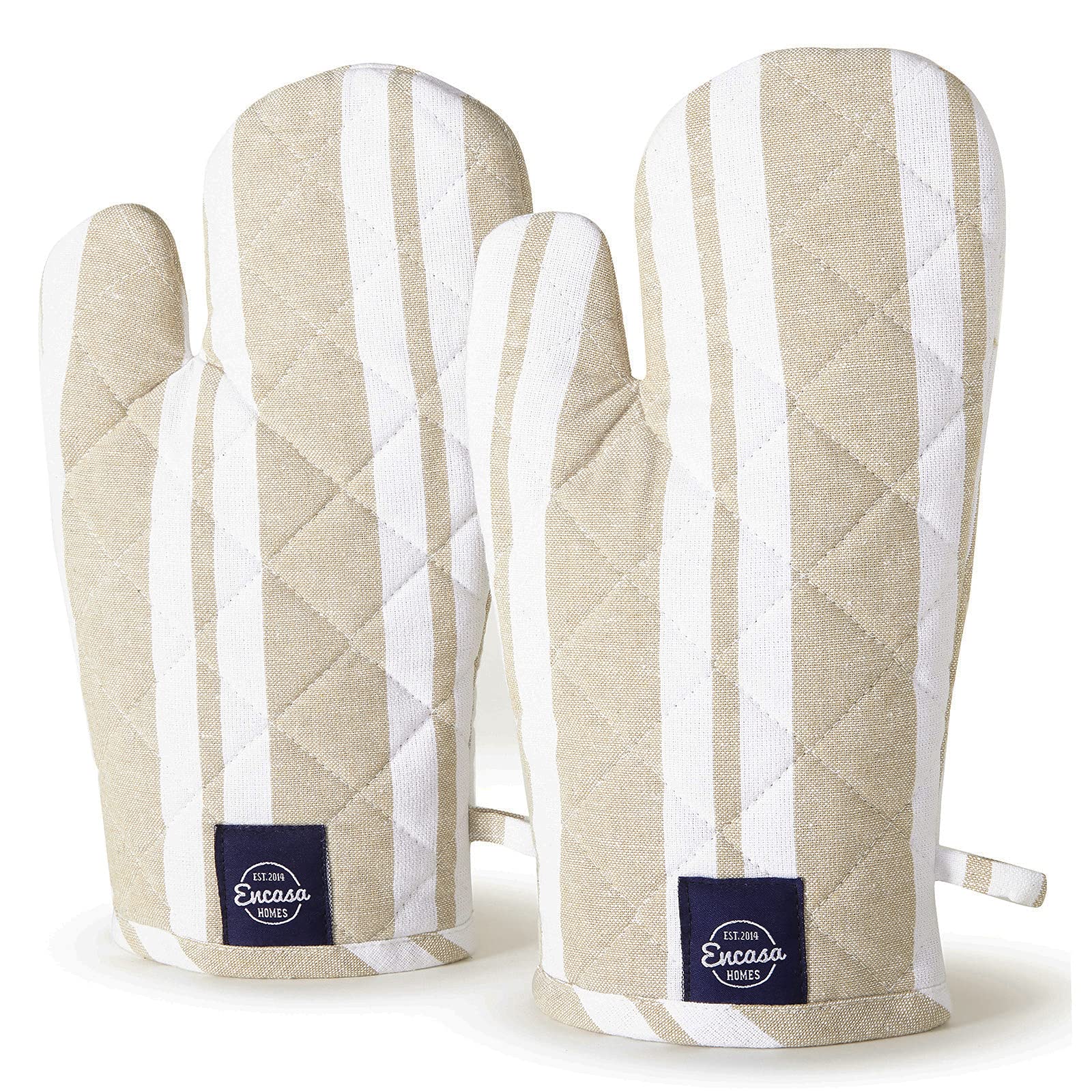 Encasa Homes Long Forno Microwave Oven Gloves (2-Piece Set) - Heat Resistant, Thick & Safe Kitchen Mitts for Cooking & Baking - Beige Striped Design - Perfect for Grilling, Baking & Microwave Use