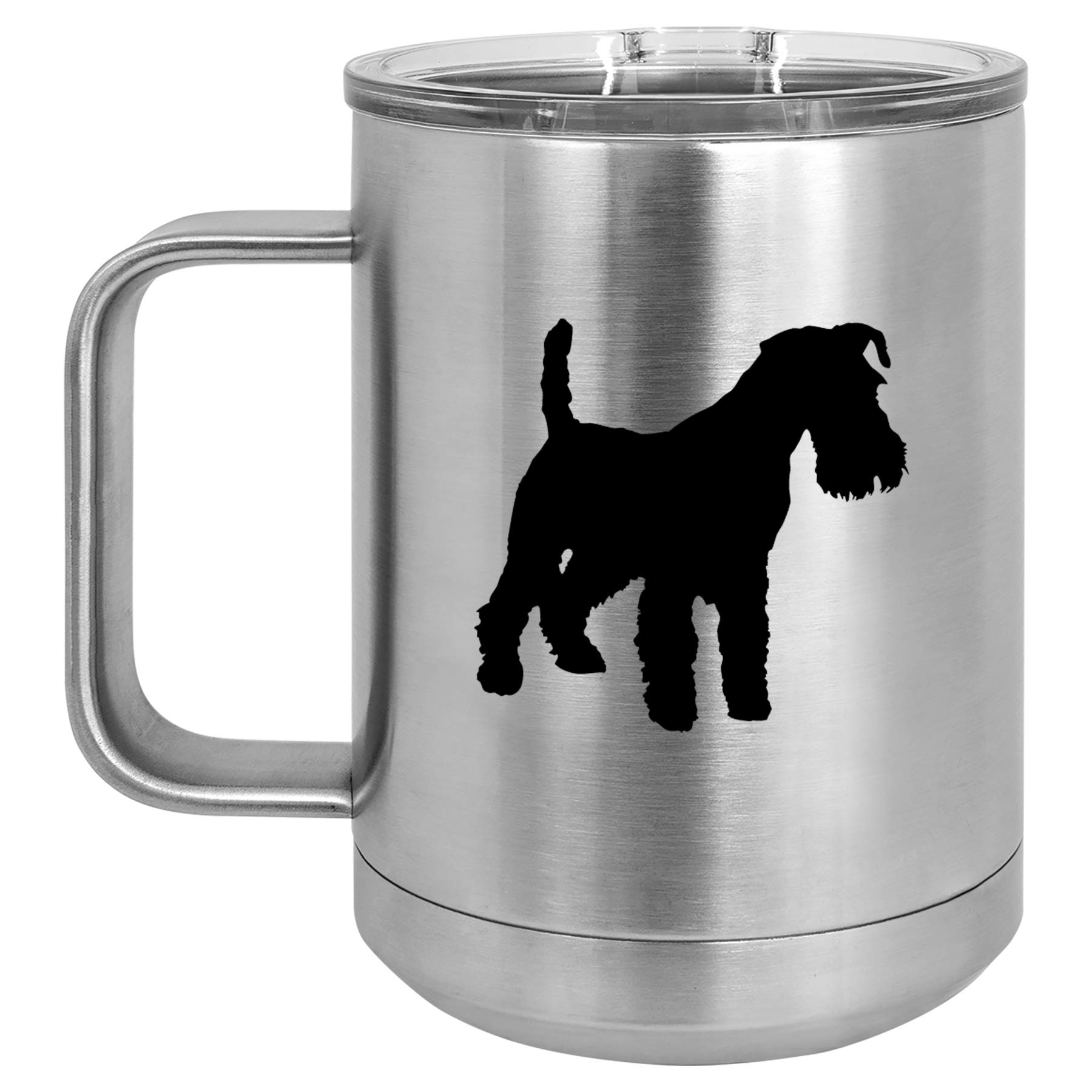 15 oz Stainless Steel Vacuum Insulated Tumbler with Handle & Lid - Leakproof Travel Coffee Mug for Hot & Cold Drinks - Cute Miniature Schnauzer Design (Silver) - Perfect for Office, Commuting, Camping & Outdoor Activities