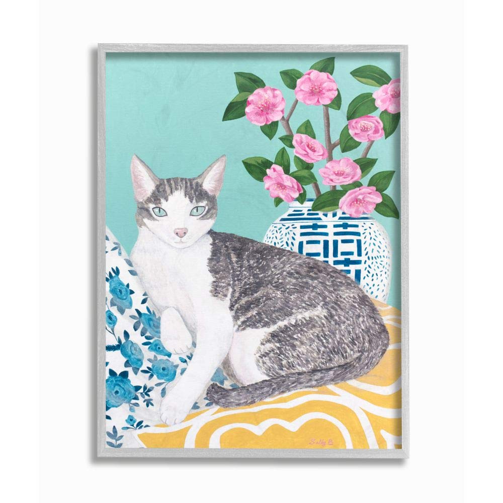 Stupell Industries Framed Cat Wall Art - Sally B Pastel Animal Painting with Cushion & Vase, 16x20 Inches, Grey Frame - Perfect for Living Room, Bedroom or Office Decor
