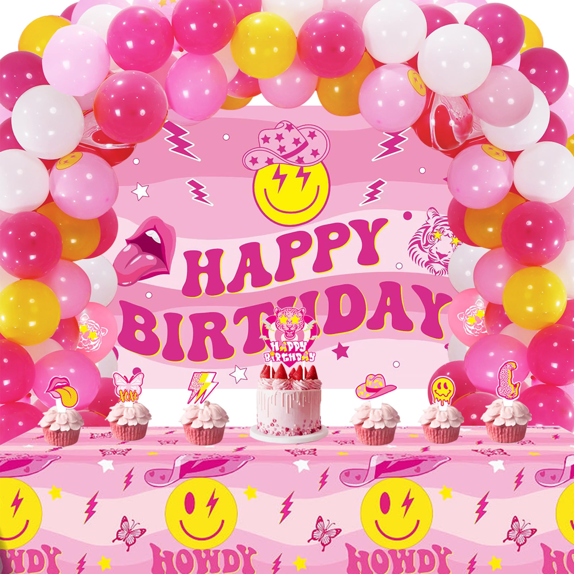 Crenics Preppy Birthday Decorations Set - Hot Pink Birthday Banner, Tablecloth, Balloon Arch Garland & Cake Toppers for Girls | Perfect for Preppy Themed Parties, Baby Showers & Birthday Celebrations