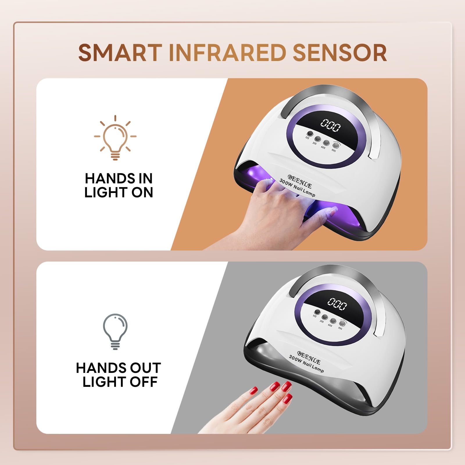 300W Professional LED UV Nail Lamp with 72 LED Beads - Auto Sensor & 4 Timer Settings for Fast Gel Nail Curing - Perfect for Home Manicures & Salon Nail Art