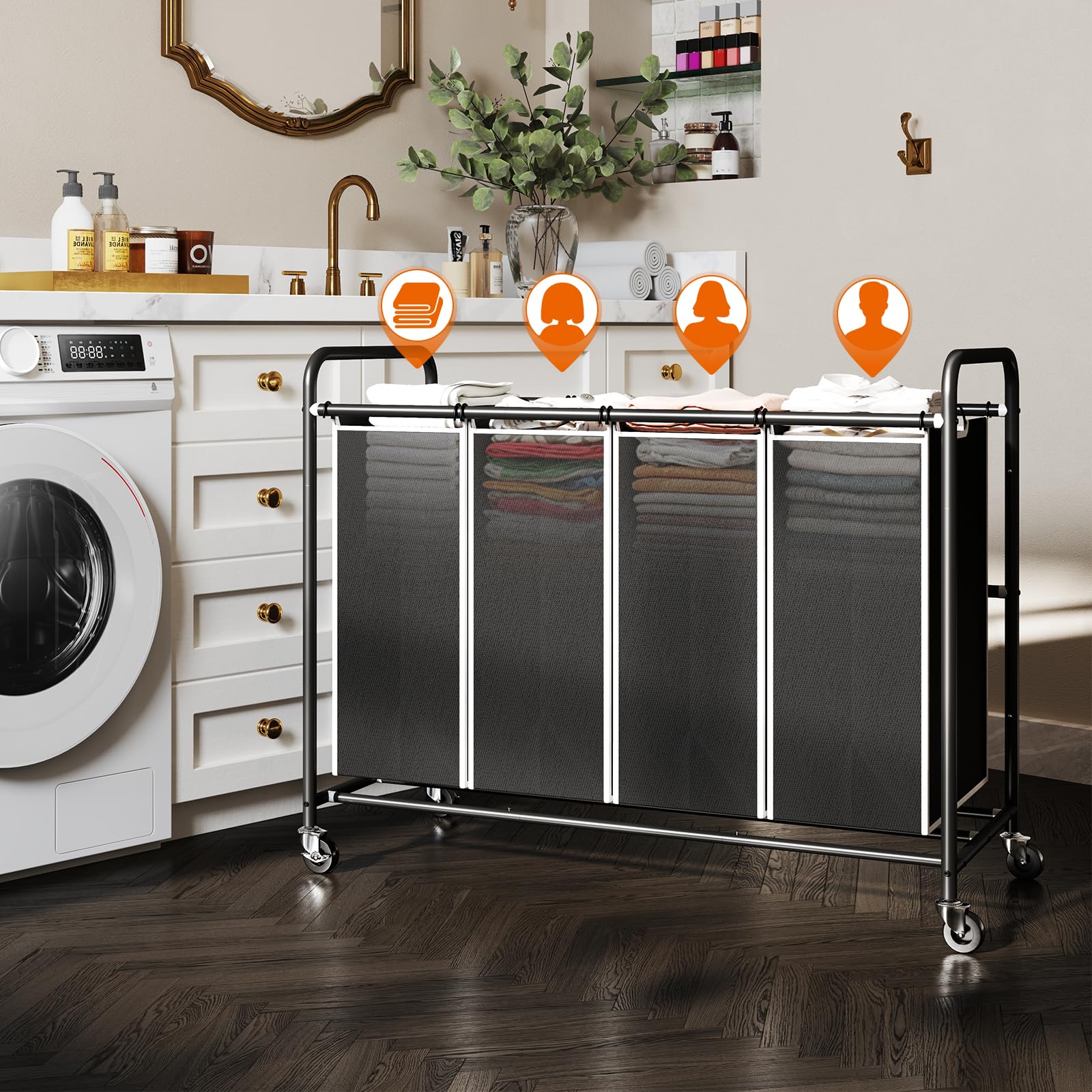 ROMOON 4-Section Heavy Duty Laundry Sorter with Wheels & Removable Bags - Rolling Laundry Hamper Cart for Clothes Organization | Ideal for Laundry Room, Dorm, Apartment & Home Storage (Black)
