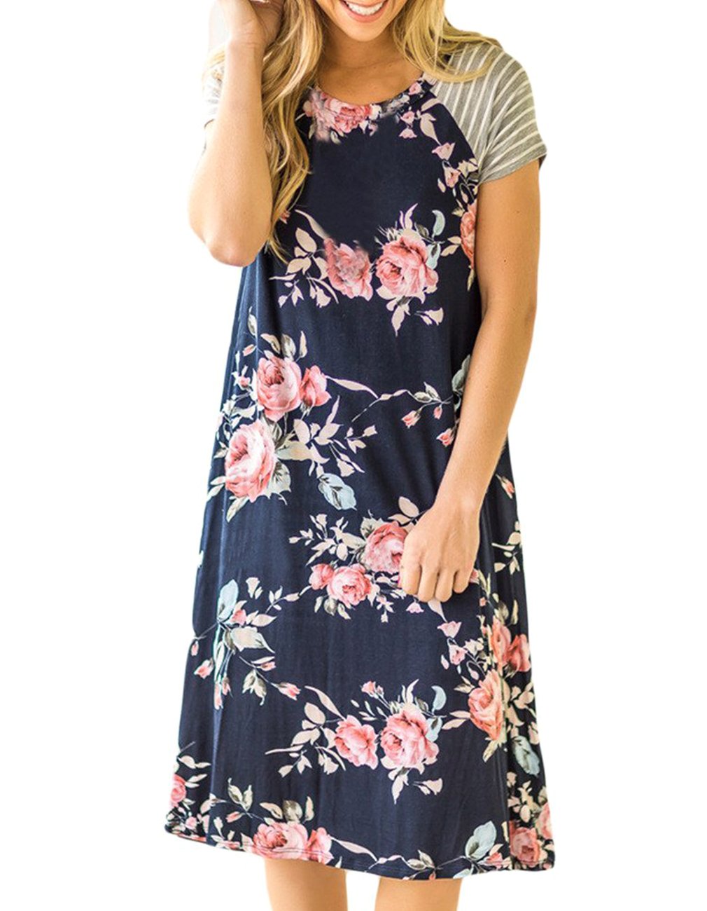 Defal Women's Summer Striped Floral Short Sleeve Tunic Dress - Casual Knee-Length T-Shirt Dress for Beach, Vacation & Everyday Wear