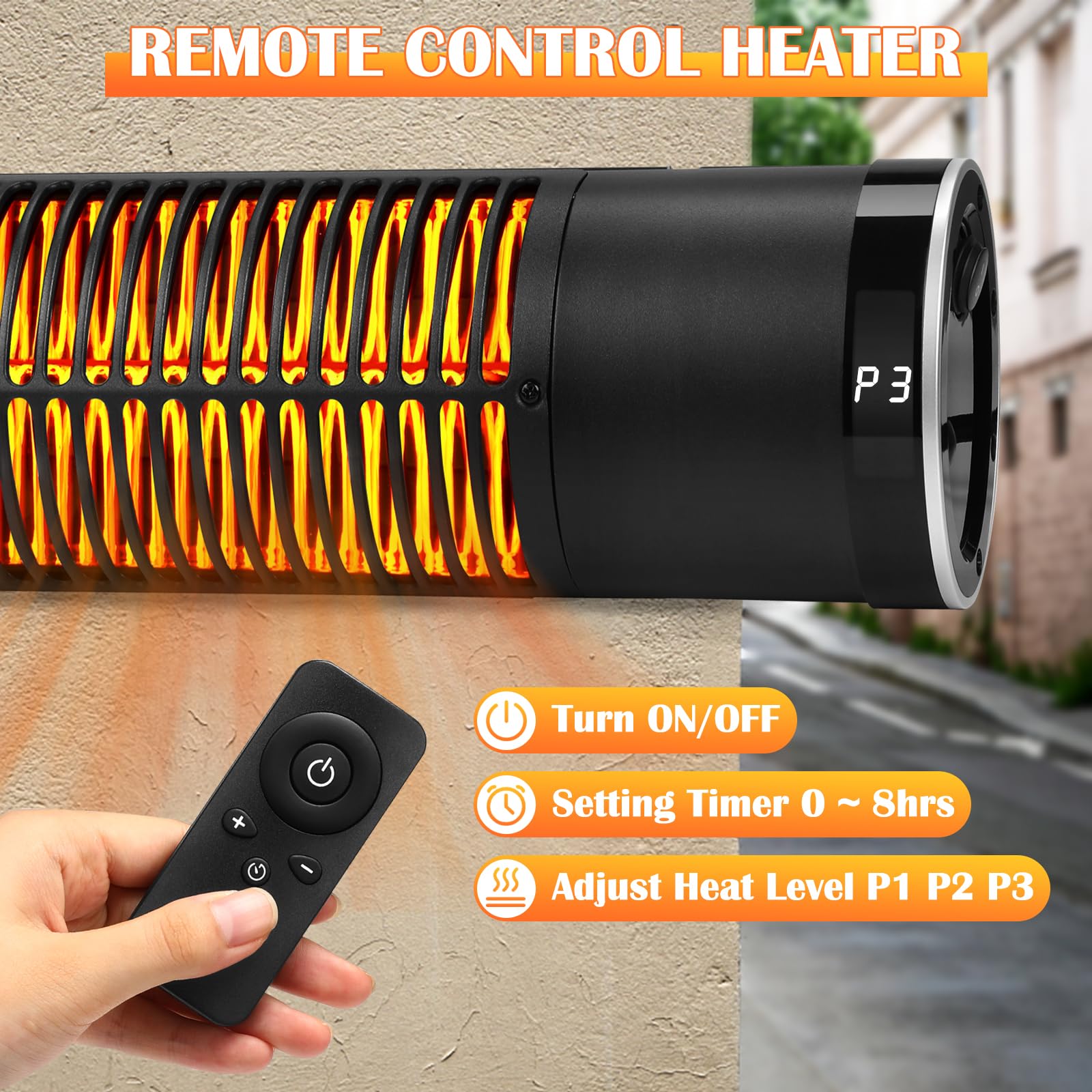 1500W Electric Outdoor Heater - Wall Mounted Carbon Infrared Patio Heater with Remote Control, 3 Heat Settings & 8H Timer - Perfect for Garage, Gazebo, Deck, Backyard, Restaurant Outdoor Seating & Winter Heating
