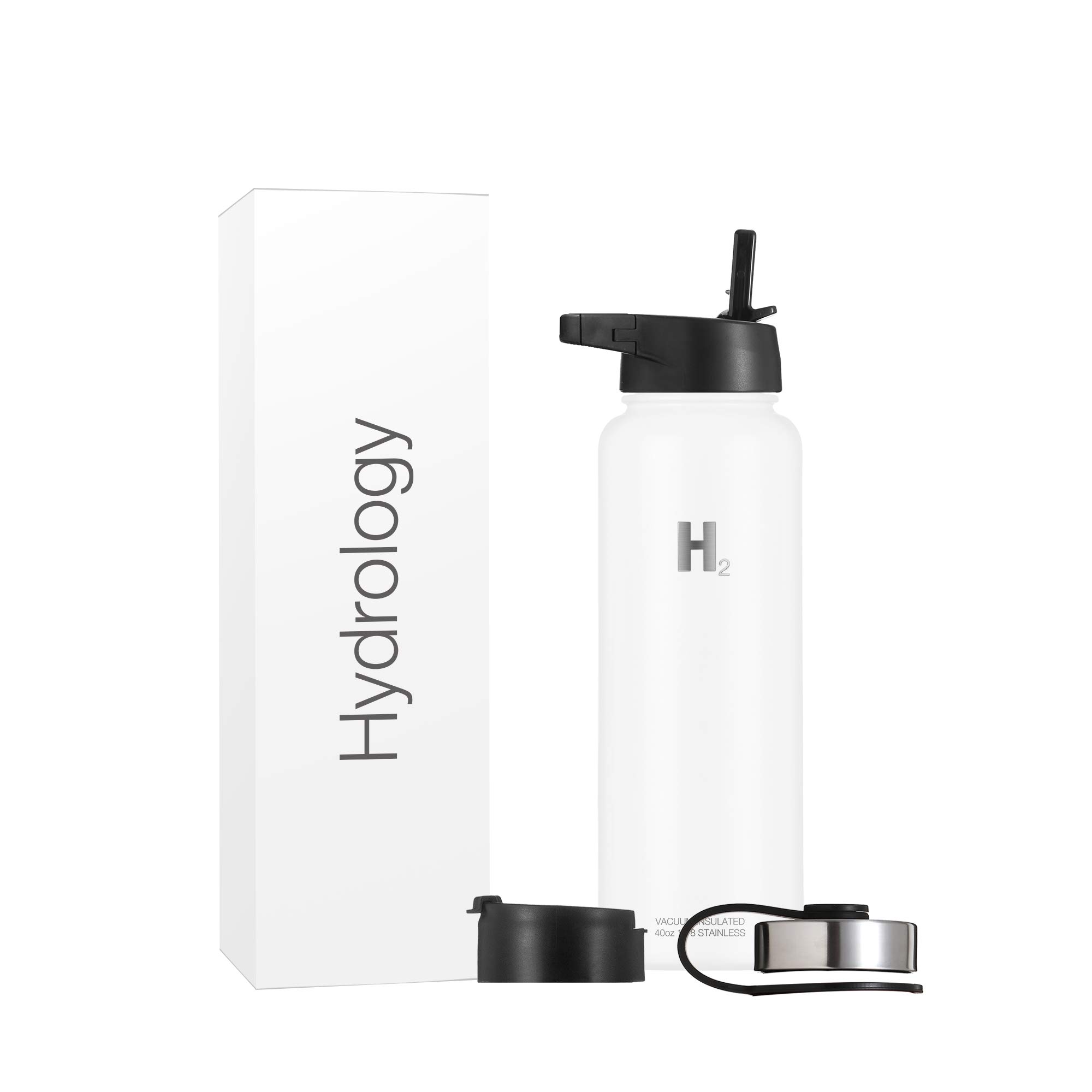 H2 Hydrology Stainless Steel Water Bottle - 40oz Large Insulated Vacuum Double Wall Metal Bottle with Straw & 3 Lids (White) - Perfect for Gym, Hiking, Camping & Outdoor Activities