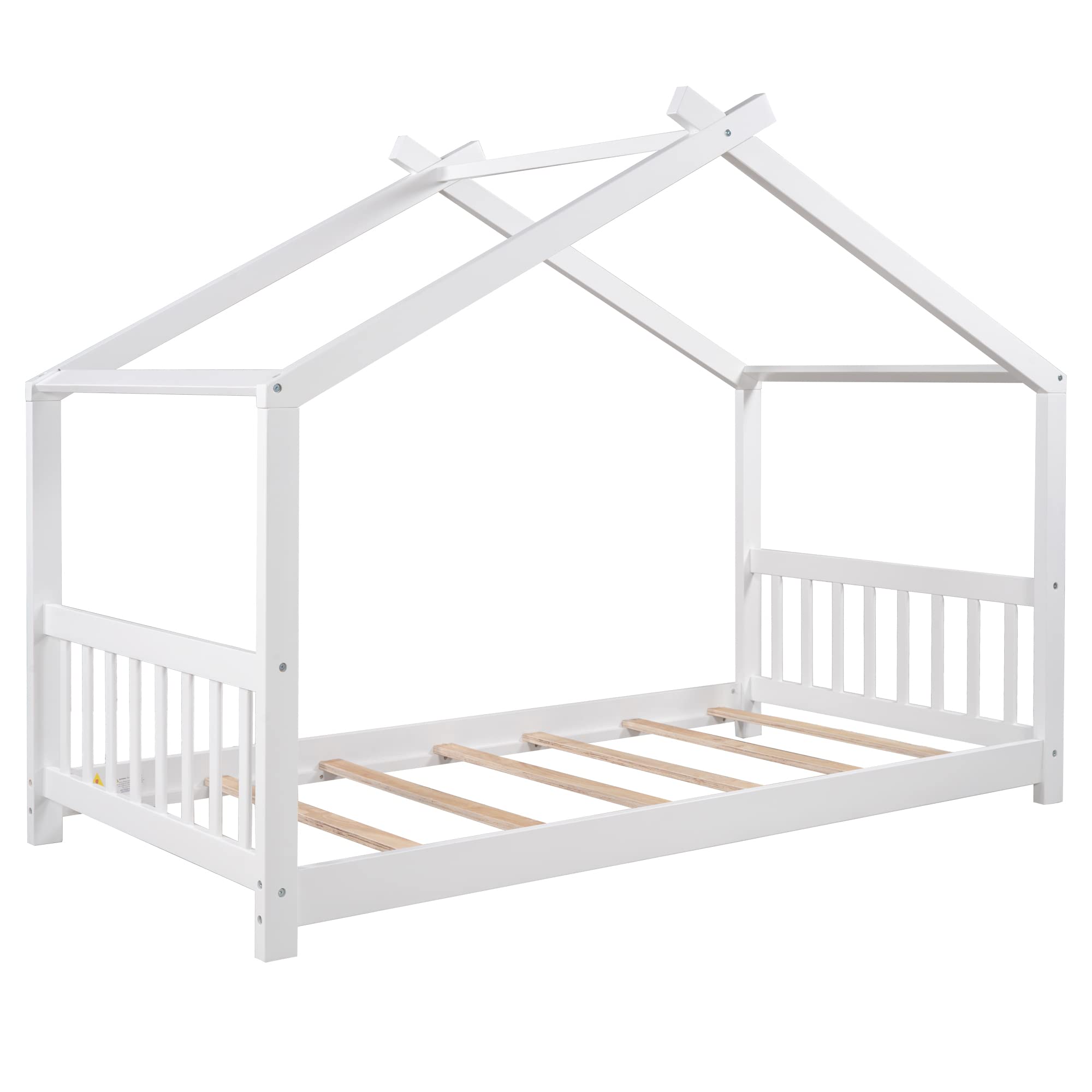 Bellemave Twin House Beds - Wooden Montessori Floor Bed Frame for Kids with Headboard & Footboard, No Box Spring Needed - Perfect for Toddler Rooms, Playrooms & Montessori Classrooms (Twin Size, White)