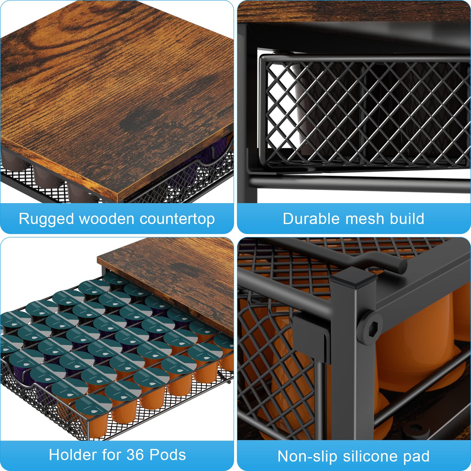 K-Cup Coffee Pod Organizer - 36 Capacity Black Drawer Holder with Sliding Baskets for Keurig Pod Storage | Countertop Coffee Station Accessory for Kitchen & Office