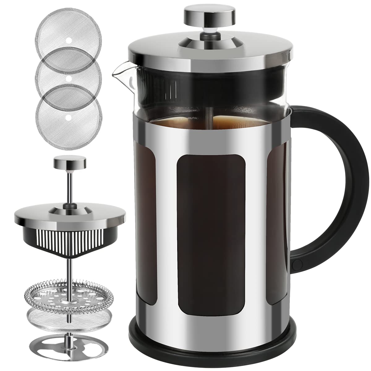 FAVIA 34oz French Press Coffee Maker - Heat Resistant Borosilicate Glass & Stainless Steel Filter - Perfect for Home, Office, Camping & Travel (34 Ounce, Silver)