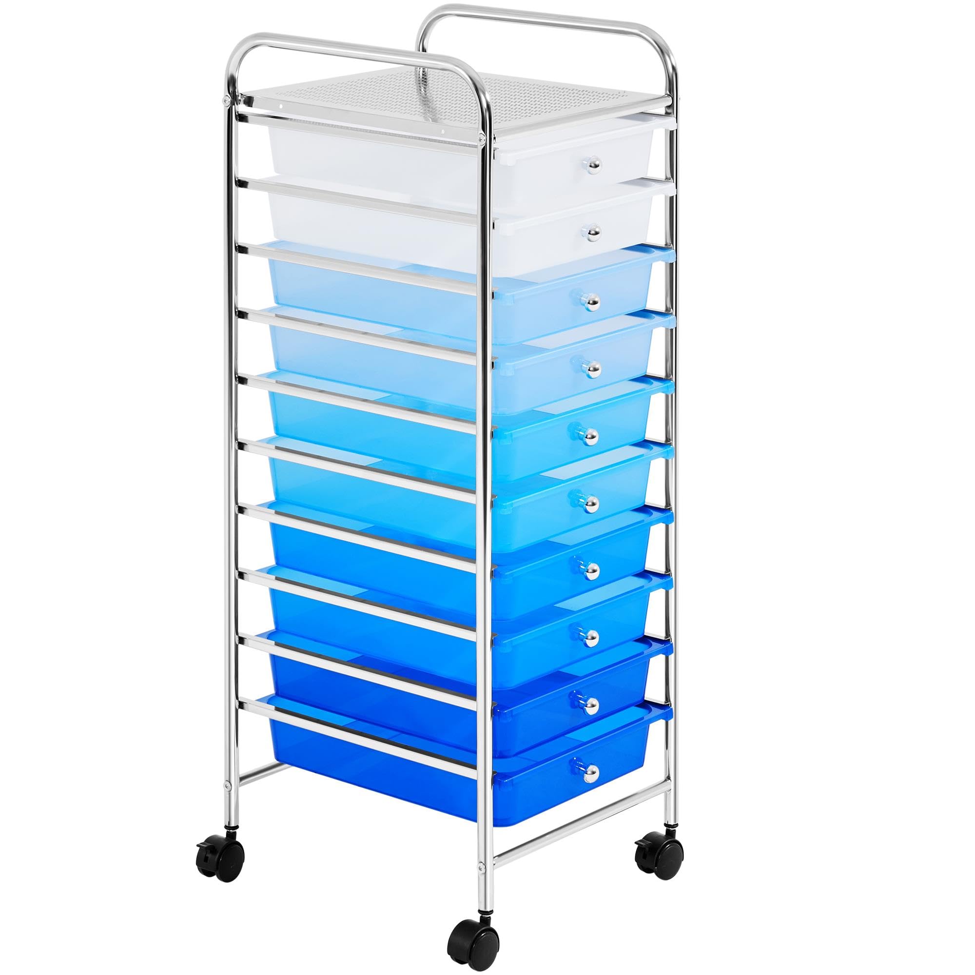 Topeakmart 10-Drawer Rolling Storage Cart - Plastic Utility Organizer with Wheels, Blue Gradient - Perfect for Home, Office, Garage & Craft Room Organization