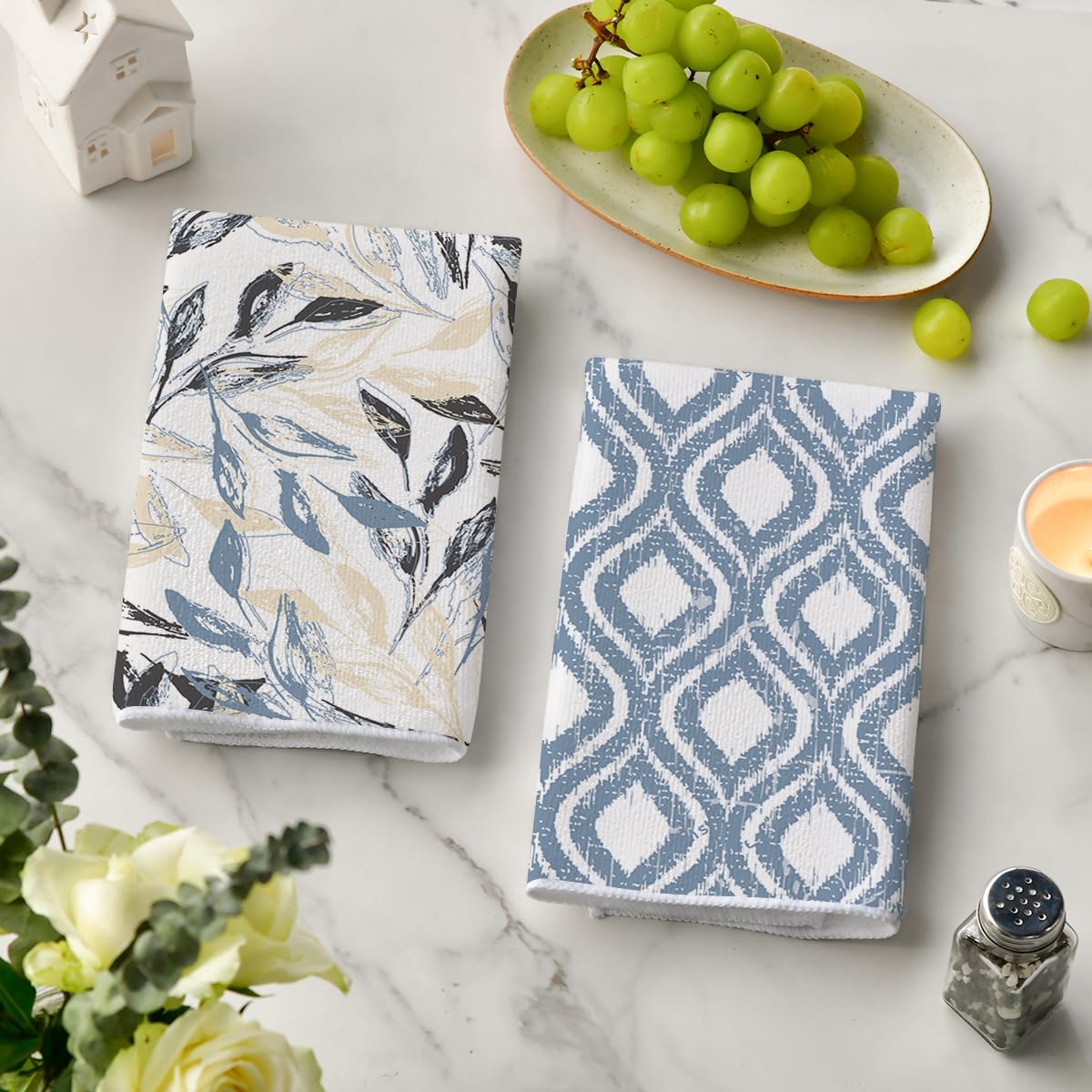 Artoid Mode Blue Floral Leaves Boho Kitchen Towels - Set of 4 (18x26 Inch) | Absorbent Dish Towels & Decorative Hand Towels for Farmhouse, Rustic & Bohemian Kitchens | Perfect for Drying Dishes, Decor & Seasonal Home Styling