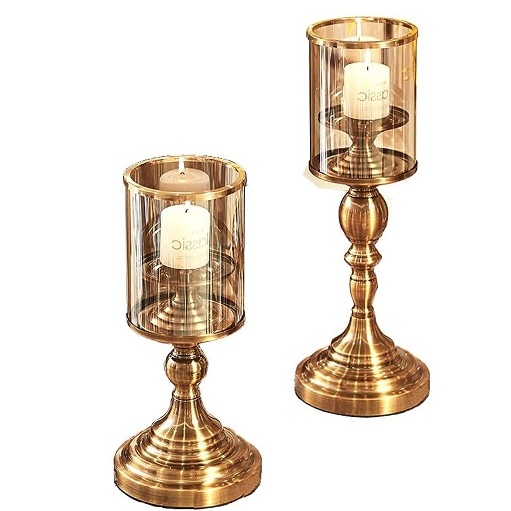 2-Piece Gold Metal & Glass Candle Holder Set - Elegant Candelabra for Cylindrical Candles or Flameless LED Candles - Perfect for Halloween, Christmas, Wedding Decor & Party Gifts - Romantic Home & Table Centerpiece Decorations