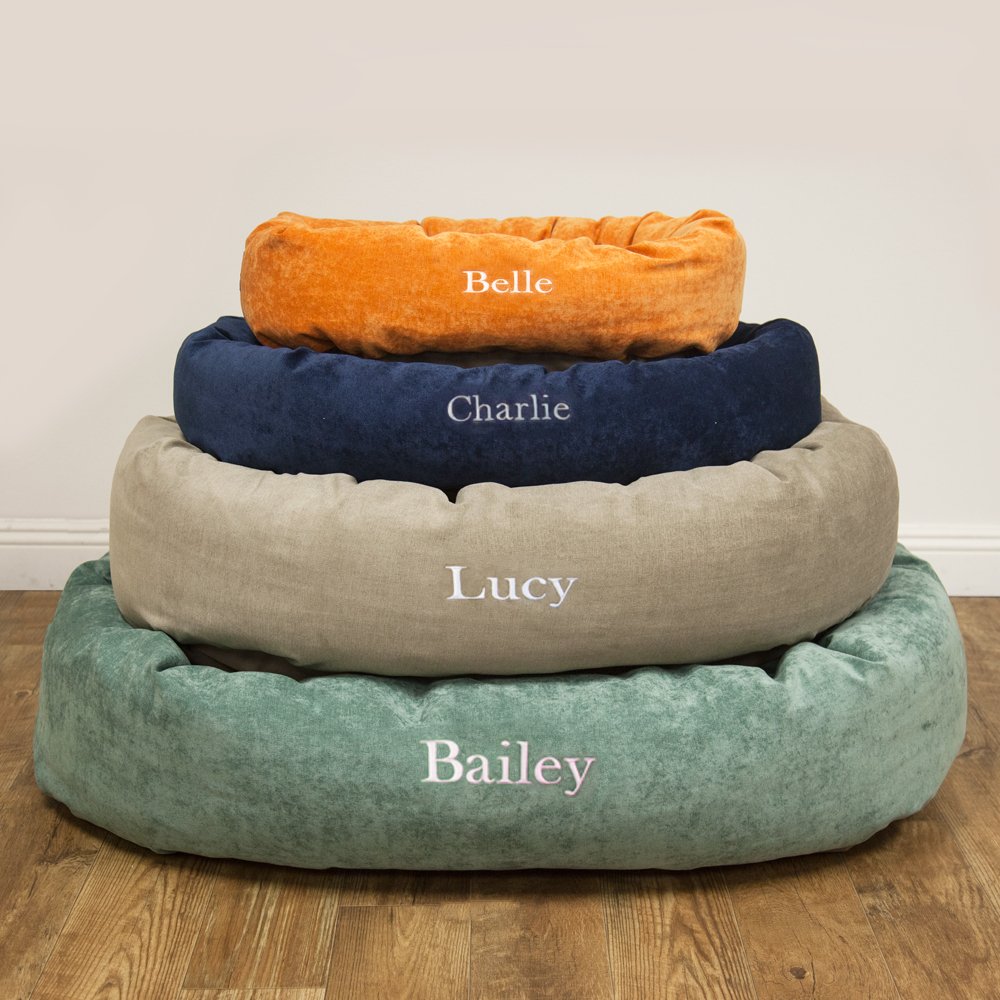 Majestic Pet Personalized Bagel Dog Bed - Machine Washable Soft Comfortable Sleeping Mat with Durable Support - Custom Embroidered Pet Bed with Replaceable Covers - Large Navy Blue Dog Cushion for Cozy Napping & Home Decor