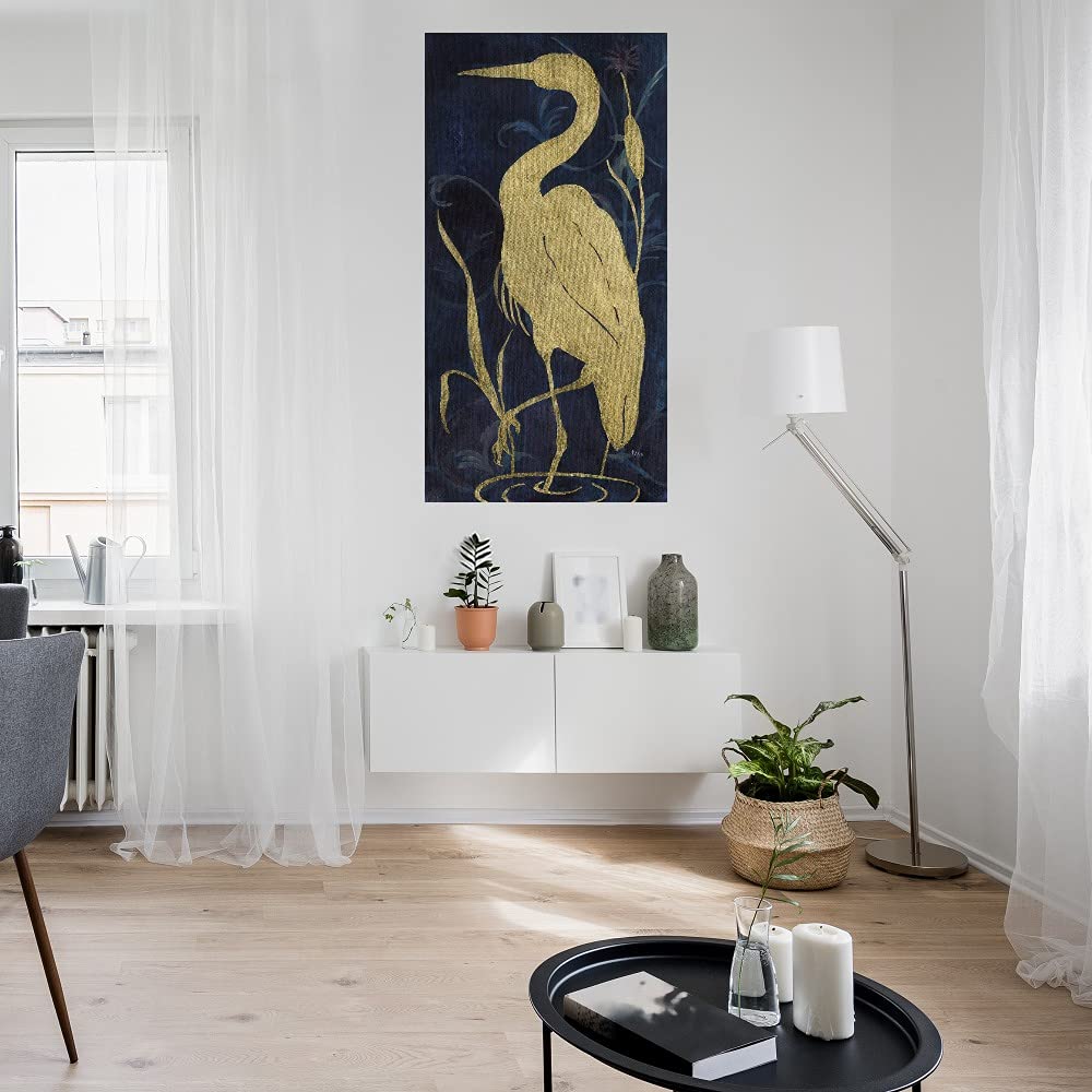 Janet Tava Egret on Indigo II Fine Art Canvas Print - 29x56 Inch Ready to Hang Wall Decor for Living Room, Bedroom, Office & More - Elegant Home Decor for Modern Spaces