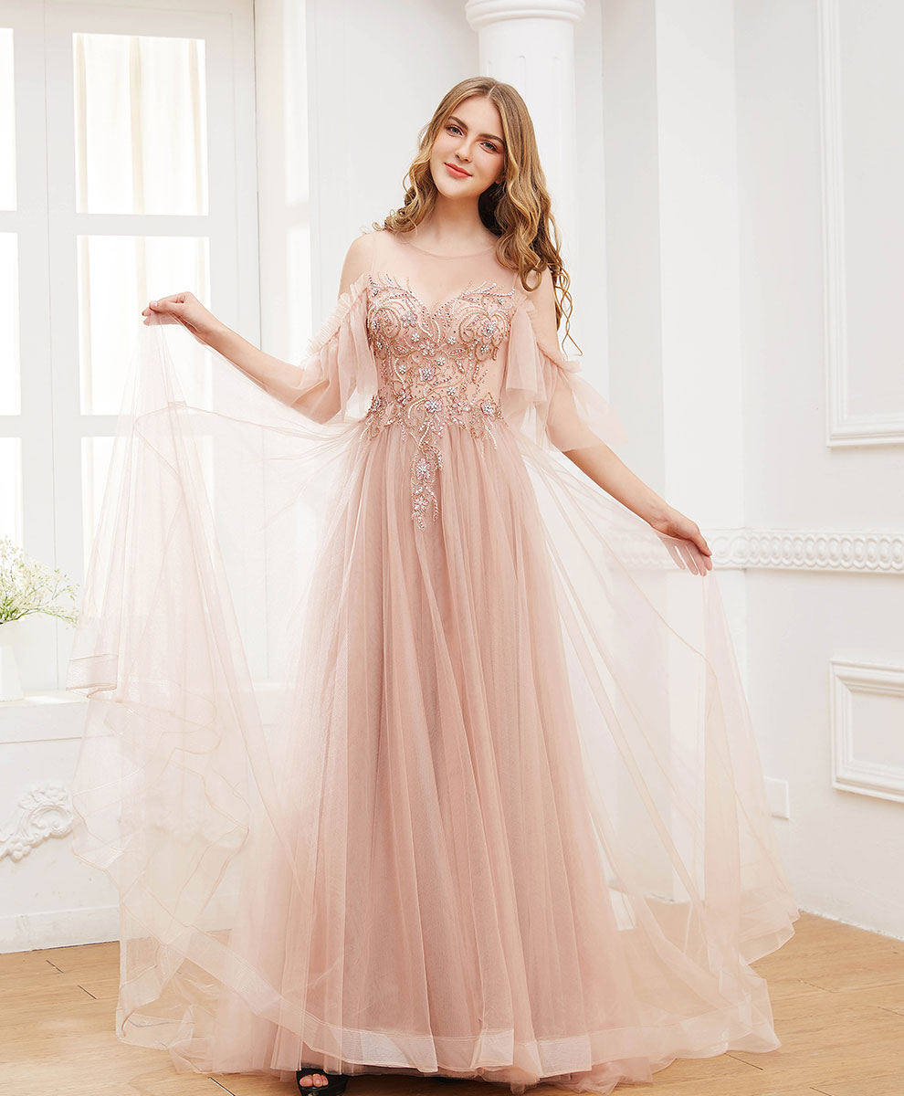 Elegant Pink Round Neck Tulle Beaded Long Prom Dress for Women - Perfect for Formal Dances, Graduations & Special Occasions