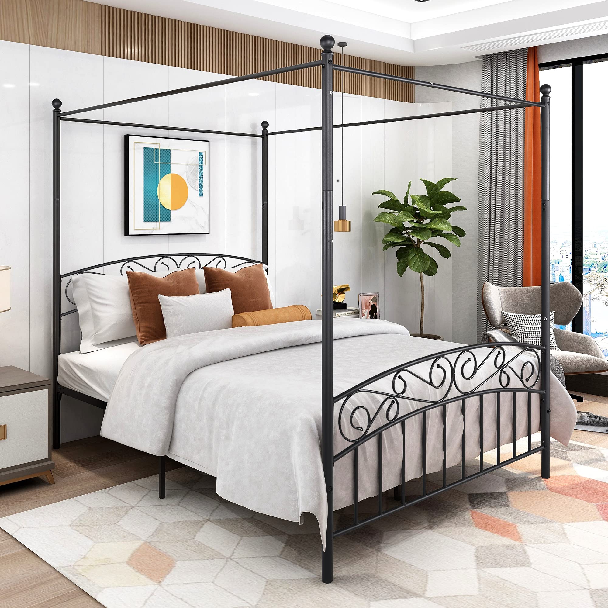 Queen Canopy Bed Frame - Elegant Metal Platform Bed with European Style Headboard & Footboard, No Box Spring Required in Black | Perfect for Master Bedroom, Guest Room & Luxury Bedroom Decor