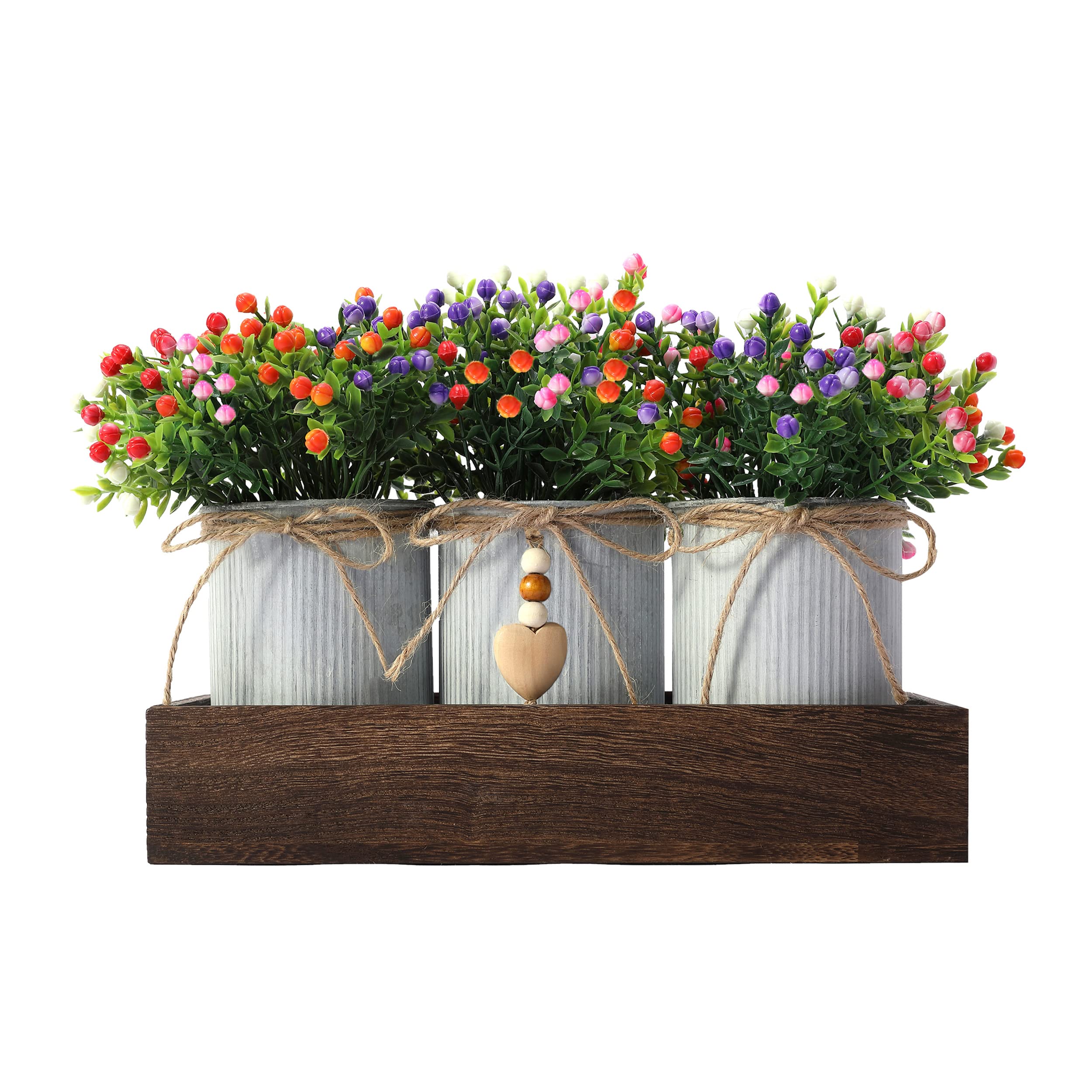 Rustic Wooden Tray with 3 Metal Potted Artificial Milan Flowers - Farmhouse Centerpiece Decor for Dining Table, Living Room & Kitchen | Perfect for Wedding, Party & Home Styling