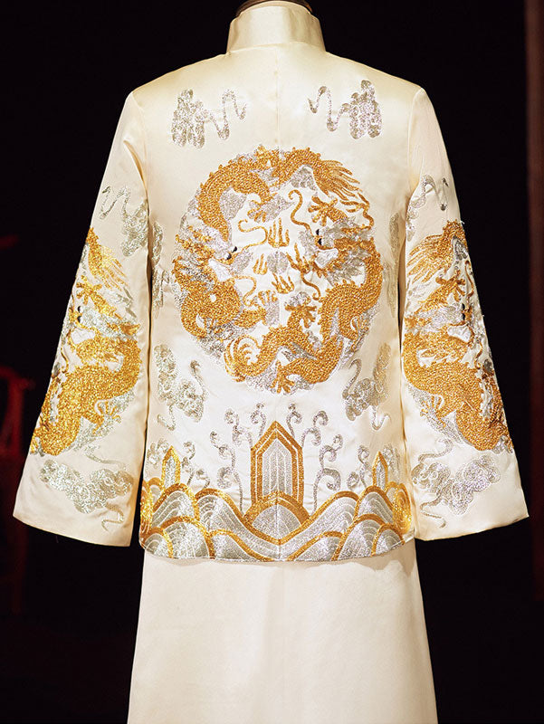 Elegant Champagne Beaded Phoenix Wedding Dress - Traditional Chinese Xiuhe Qun Kwa for Brides | Perfect for Tea Ceremony, Reception & Cultural Celebrations