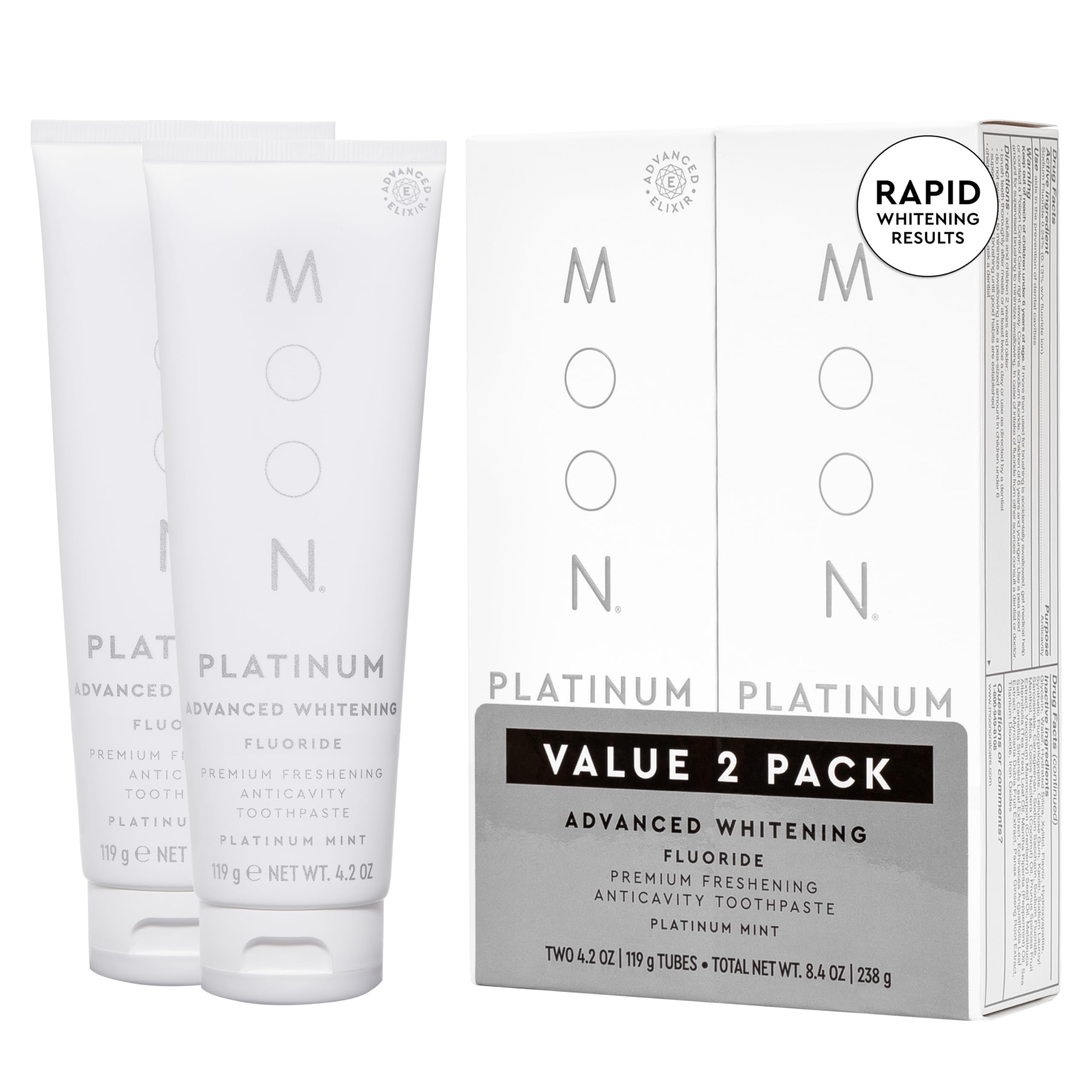 MOON Platinum Advanced Teeth Whitening Toothpaste with Fluoride - SLS Free Whitening Toothpaste with Titanium Dioxide & Essential Oils for Cavity Protection, Stain Removal & Fresh Breath - Platinum Mint Flavor (2 Pack) - Perfect for Daily Oral Care & Bright Smile Maintenance