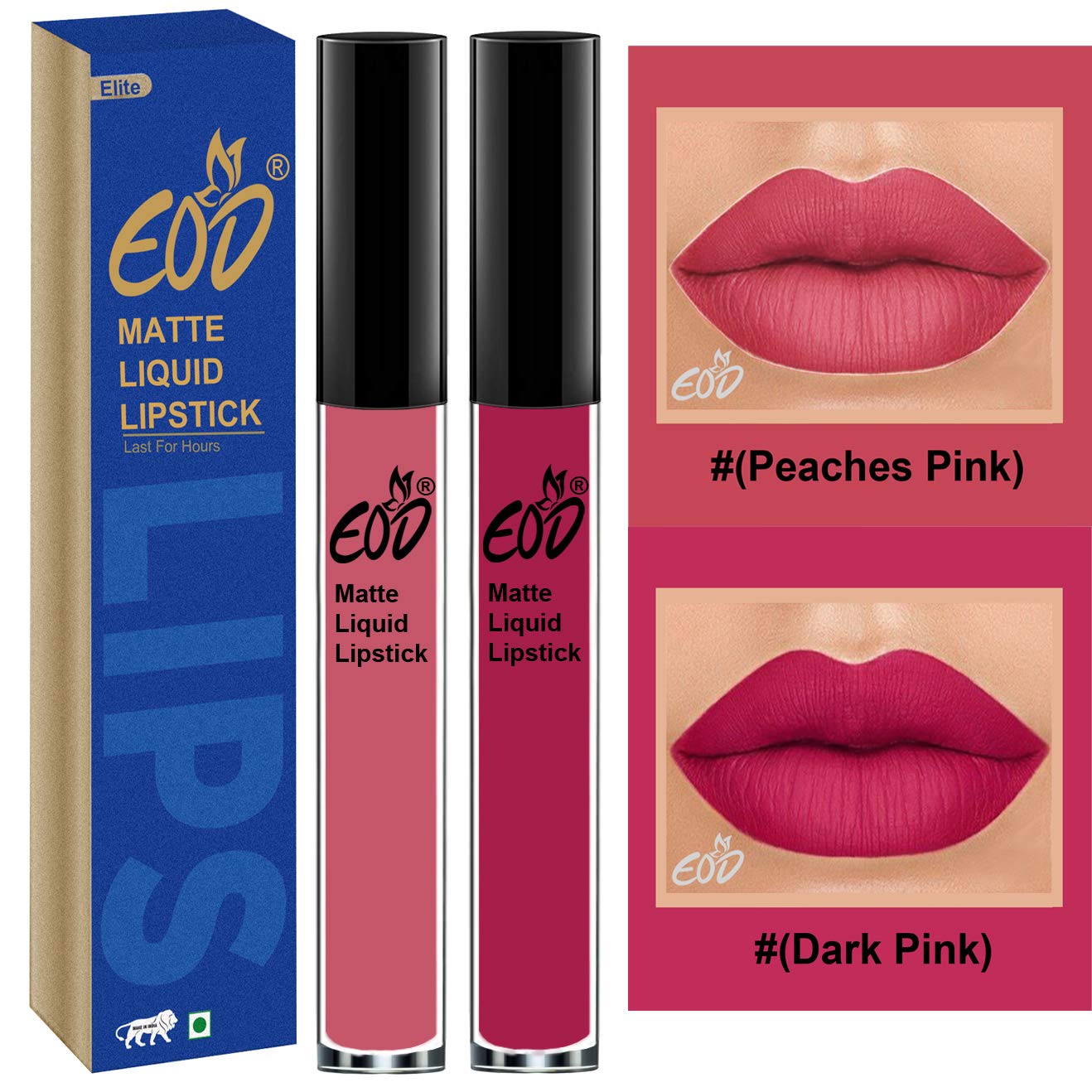 EOD Elite Collection Long-Lasting Waterproof Matte Liquid Lipstick - 100% Vegan, Made in India - 2-Piece Combo (Peach Pink & Dark Pink) - Perfect for Parties, Weddings & Everyday Wear