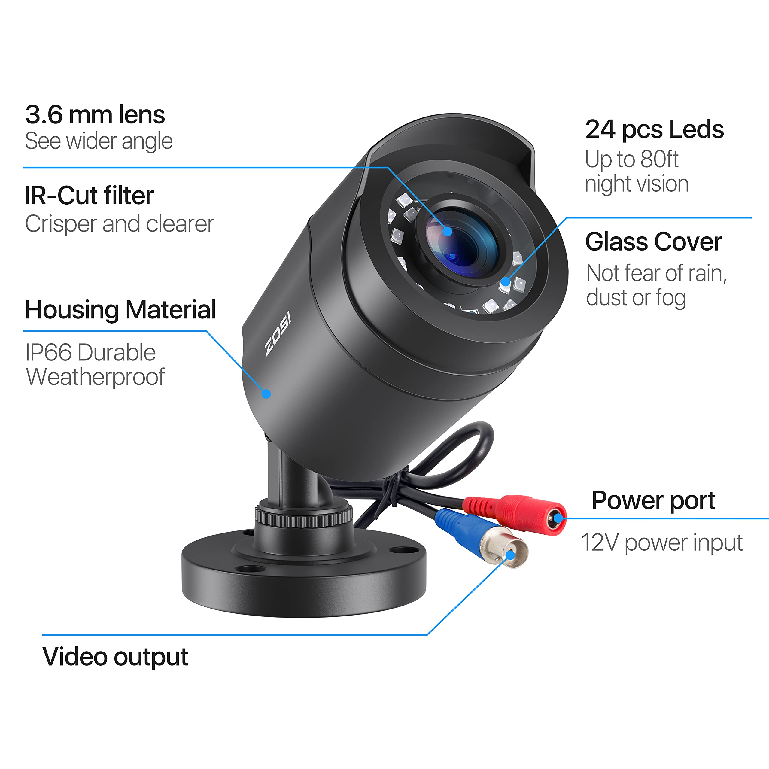 ZOSI 4 Pack 2MP 1080p HD-TVI Security Cameras for Home - Outdoor/Indoor Surveillance with 24 IR LEDs, 80ft Night Vision, 90°View Angle, Weatherproof CCTV Bullet Cameras (Black) - Ideal for Home Security, Business Monitoring, and Property Protection