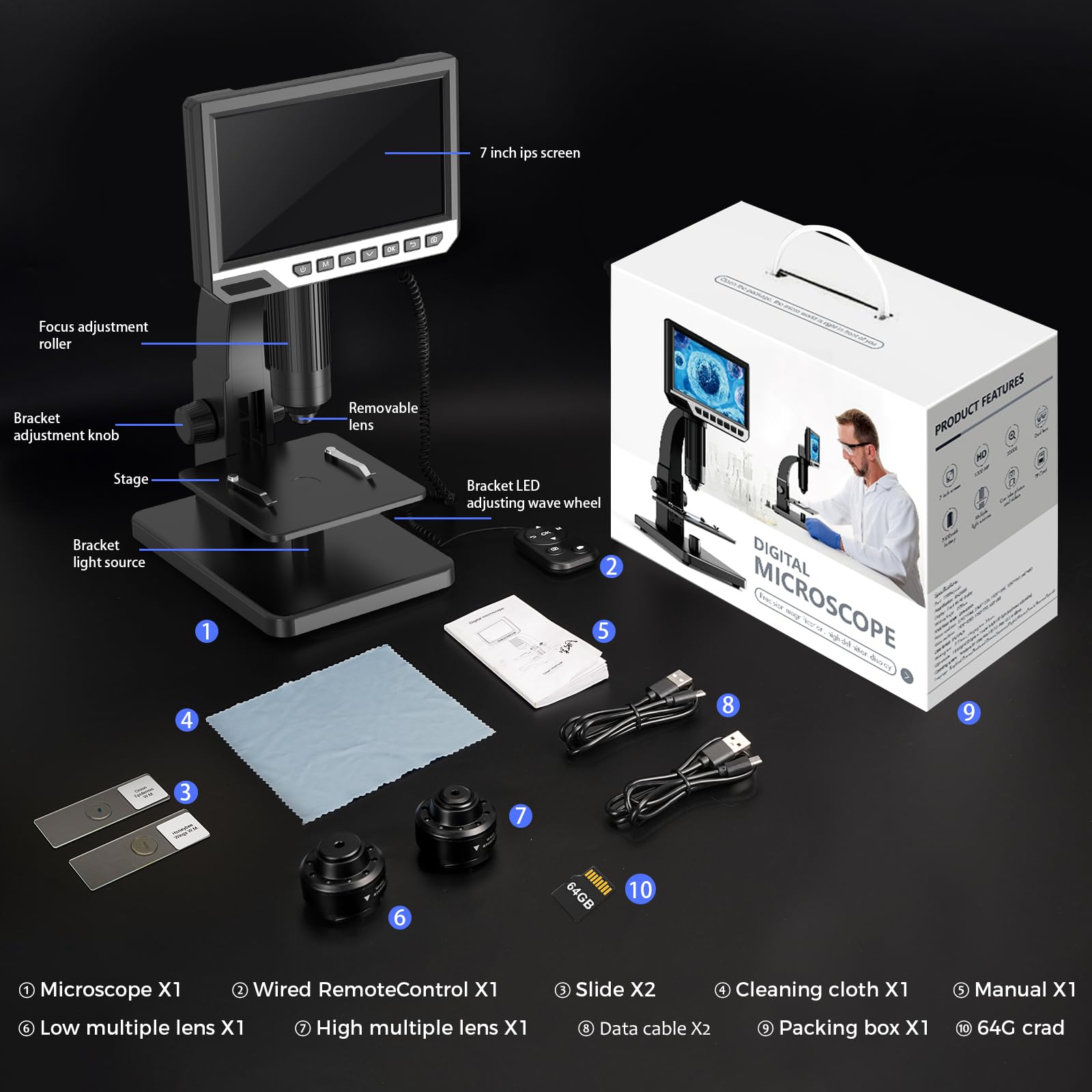 7'' Digital Microscope with 2000x Magnification & 24MP Camera - HDMI USB Microscope with Built-in Screen, 11 Adjustable LED Lights, 64GB Storage, PC Compatible - Perfect for Coin Collecting, Jewelry Inspection, PCB Repair & Science Education